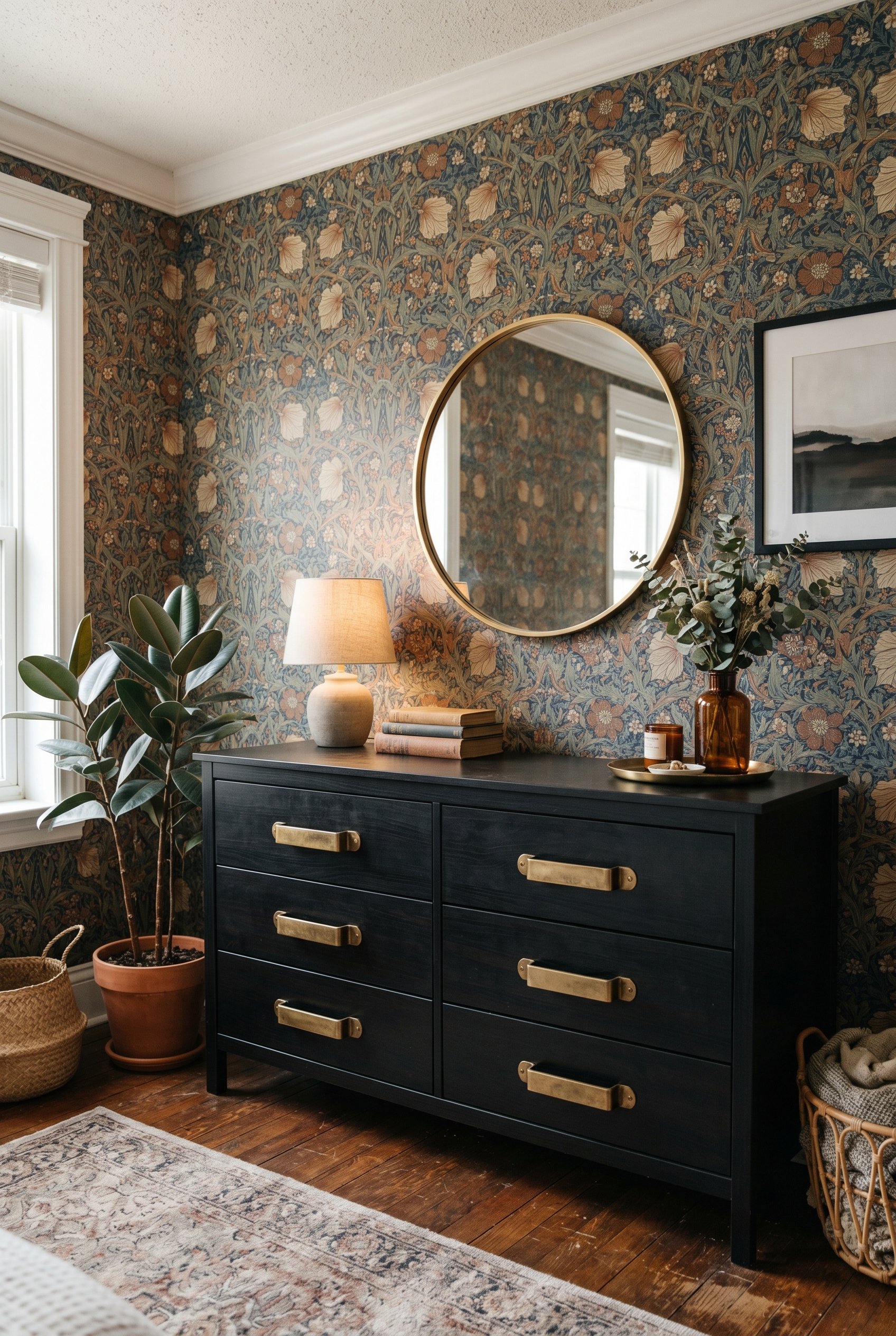 Photorealistic interior photo. Basic black IKEA dresser upgraded with massive, heavy warm brass hardware pulls, set against a patterned wallpaper. Editorial photography style, no people visible.