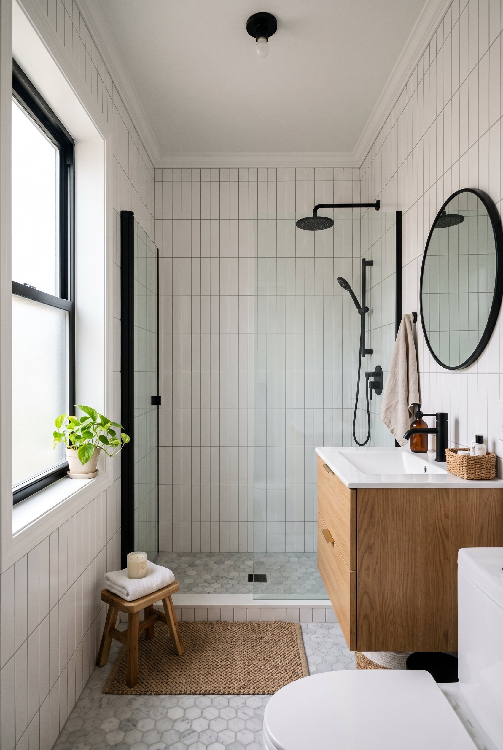 Photorealistic interior photo. Bathroom featuring white subway tile in a vertical straight stack layout, modern black fixtures, abundant natural light, low camera angle. Editorial photography style, n