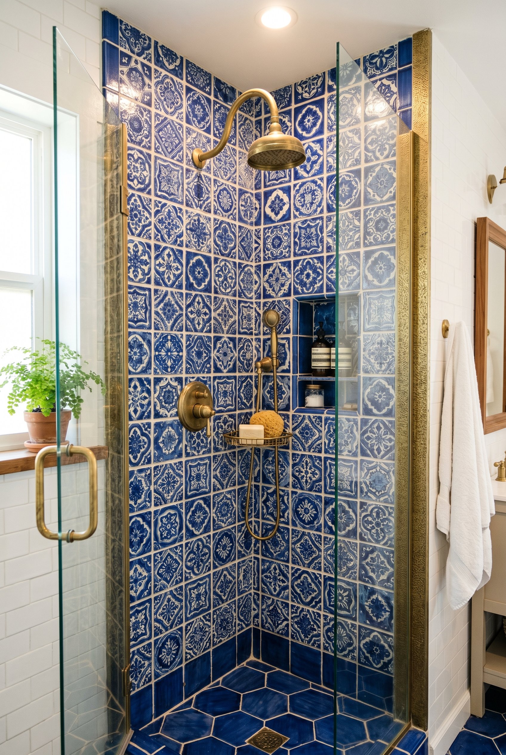 Photorealistic interior photo. Bathroom shower interior covered in classic cobalt blue and white Puebla Talavera tiles. Brass shower fixtures, bright lighting, editorial photography style, no people v