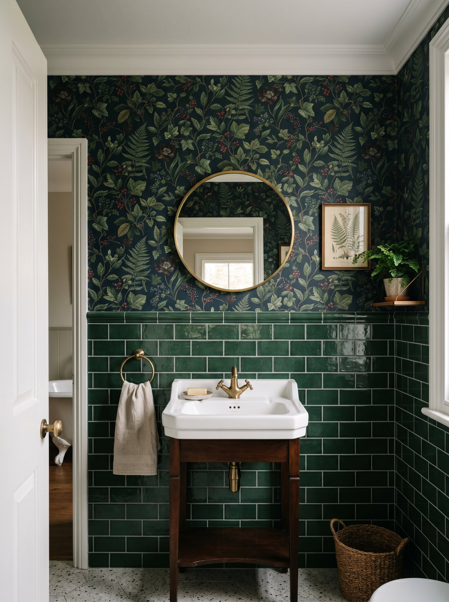 Photorealistic interior photo. Bathroom wall with dark green subway tile wainscoting stopping at 48 inches high, capped with ceramic trim, transitioning into dark moody botanical wallpaper above, stra