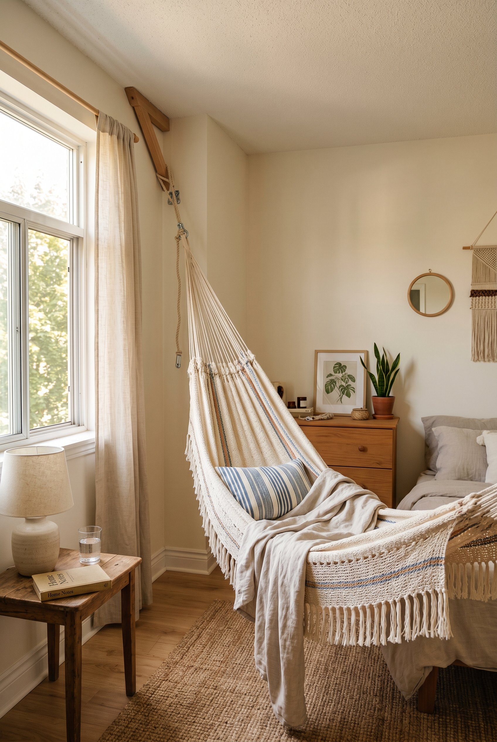 Photorealistic interior photo. Bedroom corner featuring a woven cotton Merida-style hammock hung diagonally across the space. Minimalist decor, warm sunlight, editorial photography style, no people vi