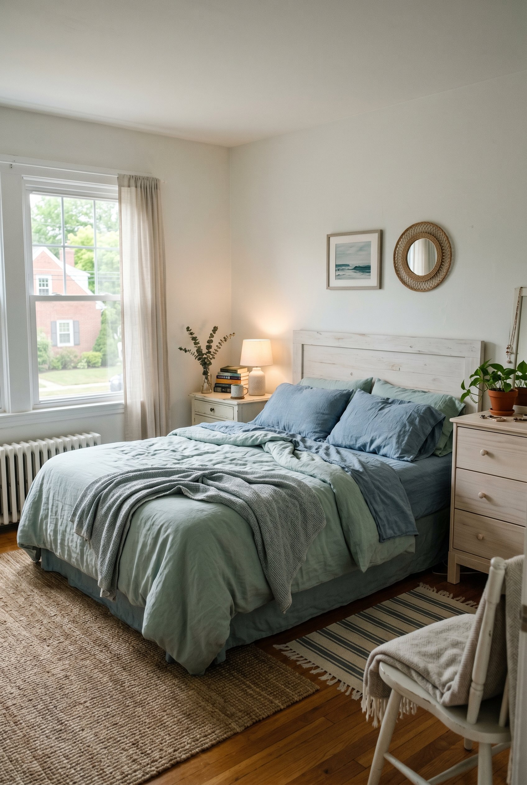 Photorealistic interior photo. Bedroom dressed in washed-out sea glass green and faded denim blue bedding. Editorial photography style, no people visible.