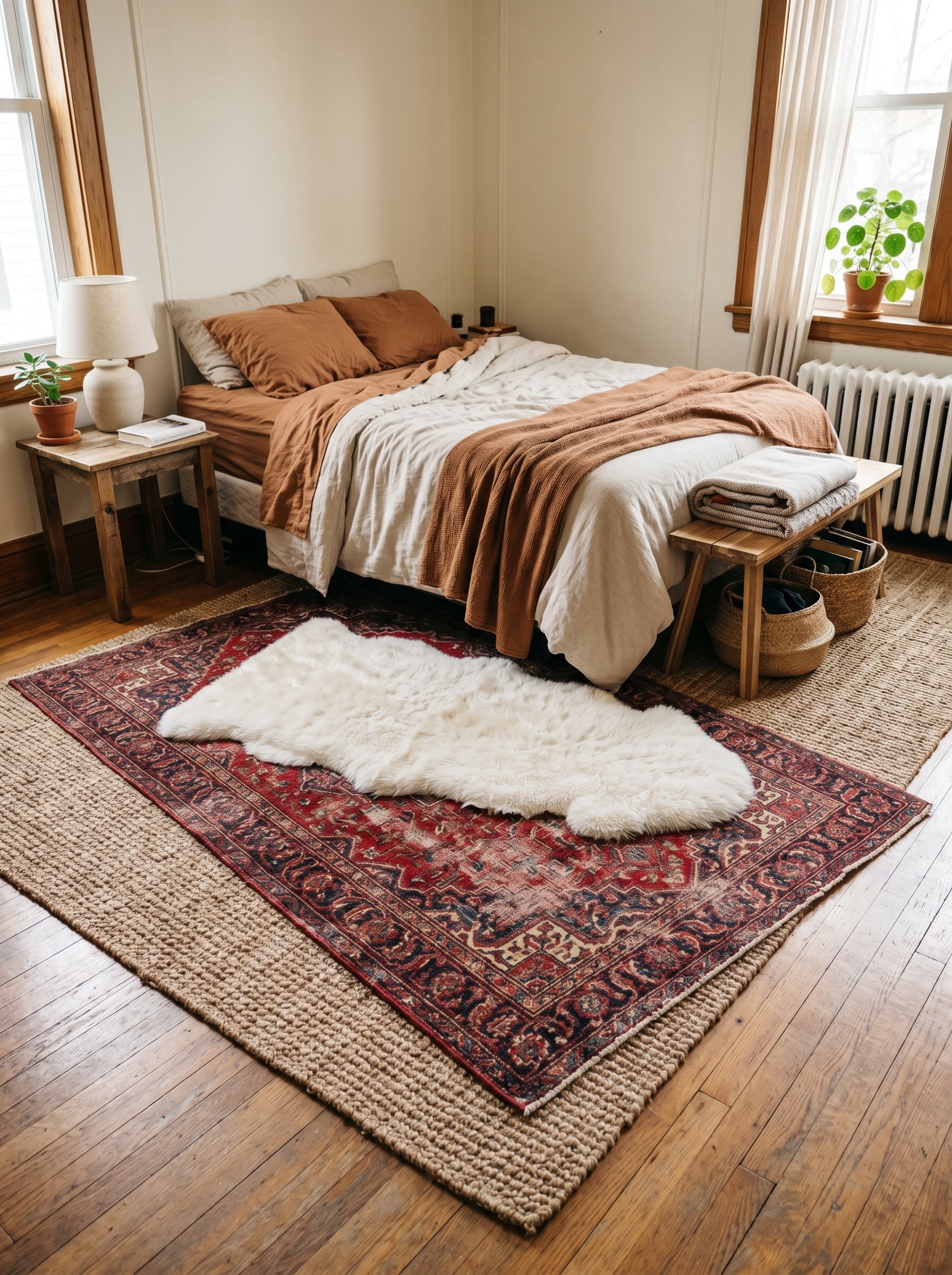 Photorealistic interior photo. Bedroom floor showing layered rugs: a large neutral jute rug, a worn red Persian rug laid diagonally, and a white faux sheepskin. Editorial photography style, no people 