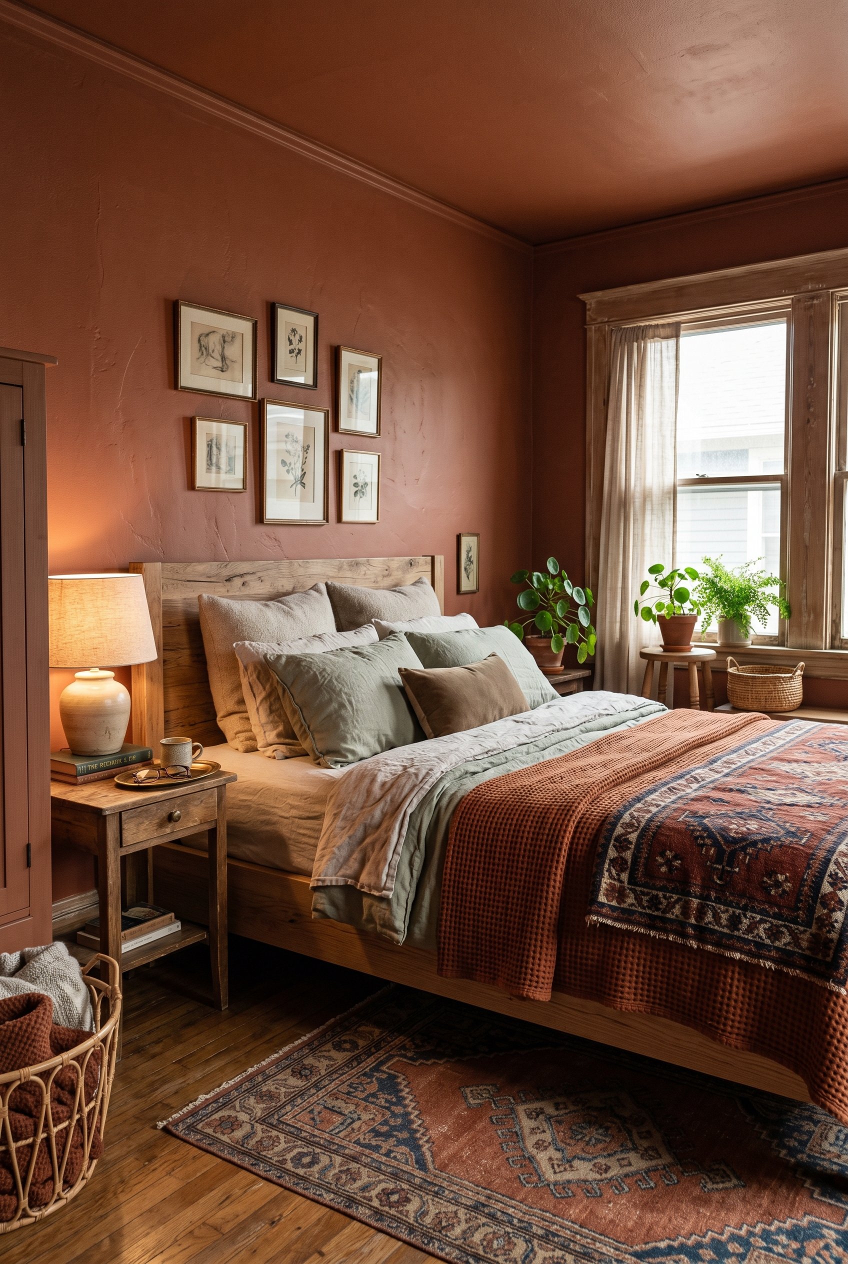Photorealistic interior photo. Bedroom fully painted in a deep, muddy terracotta rust color. Warm, moody lighting, natural wood bedframe, highly textural bedding. Editorial photography style, no peopl