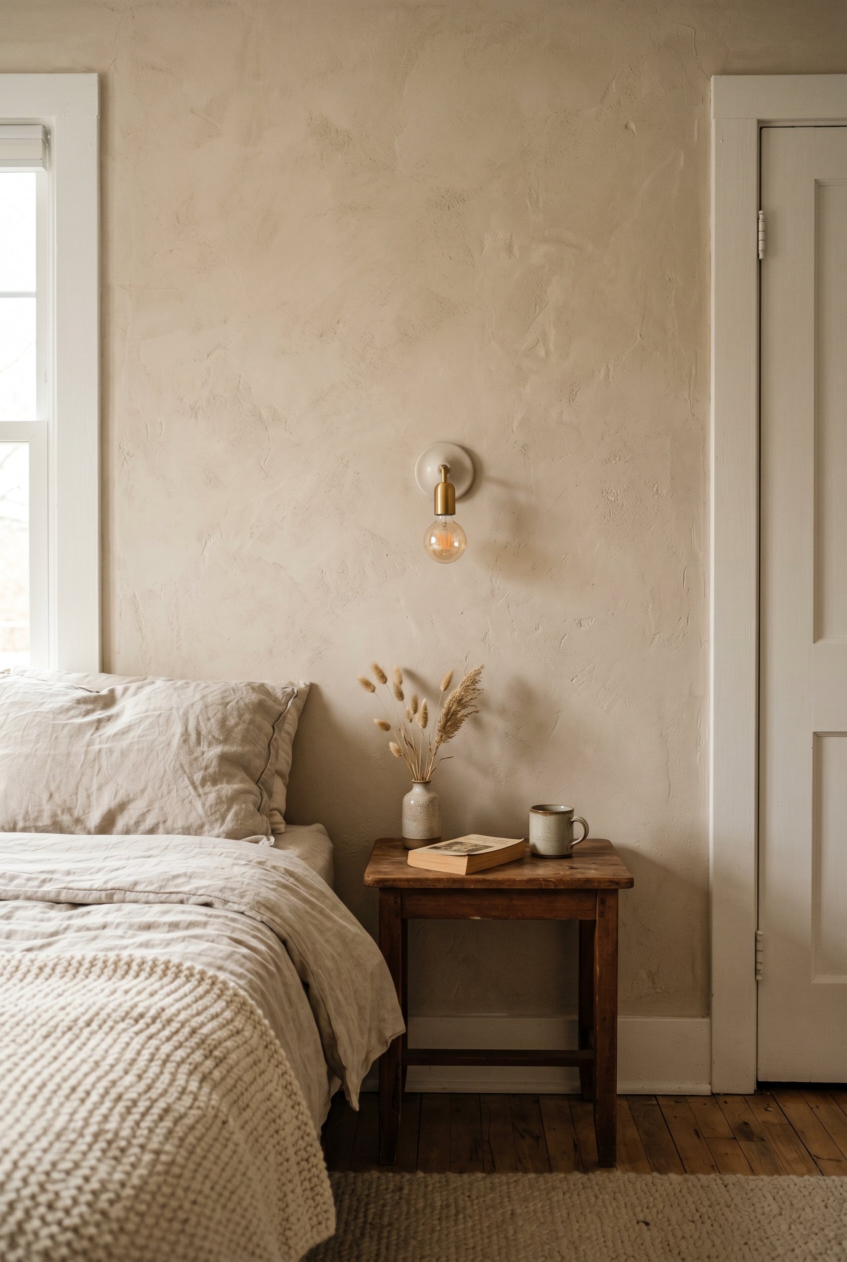 Photorealistic interior photo. Bedroom wall with a textured beige chalky limewash finish, soft side lighting highlighting the plaster texture, tight shot. Editorial photography style, no people visibl