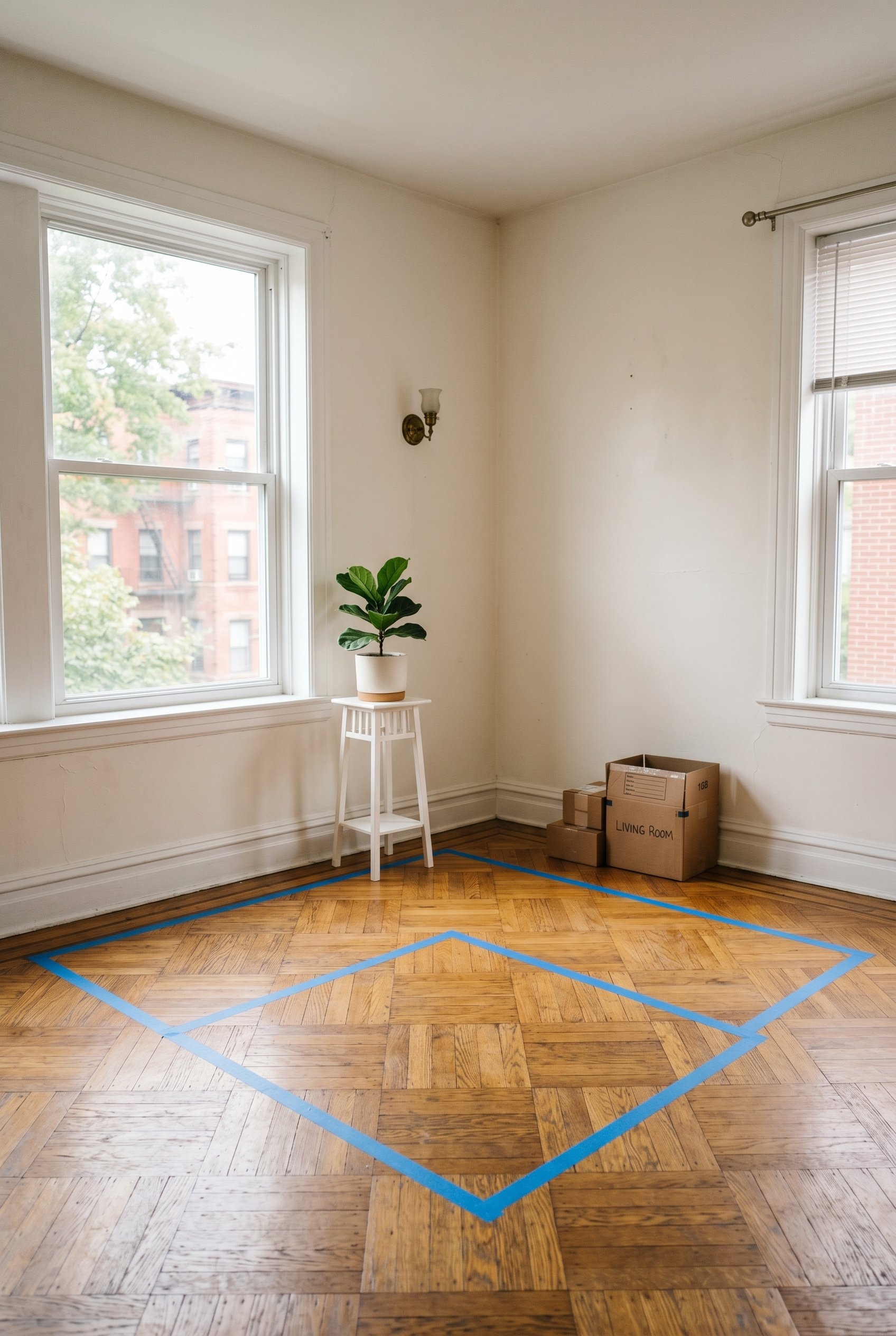Photorealistic interior photo. Blue painter's tape outlining the exact footprint of a sectional sofa on a herringbone hardwood floor in an empty apartment corner. Editorial photography style, natural 