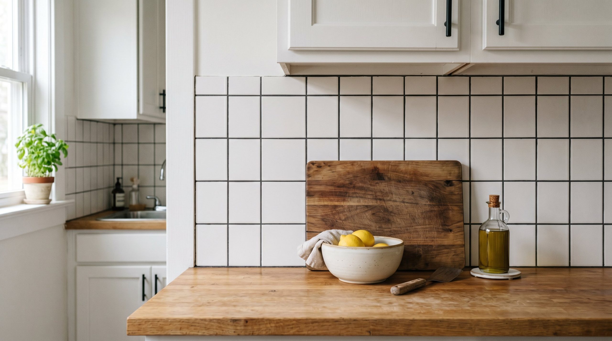 Photorealistic interior photo. Budget-friendly white square Daltile subway tile arranged in a modern vertical grid with charcoal grout, styled with a simple wood cutting board and ceramic bowl on the