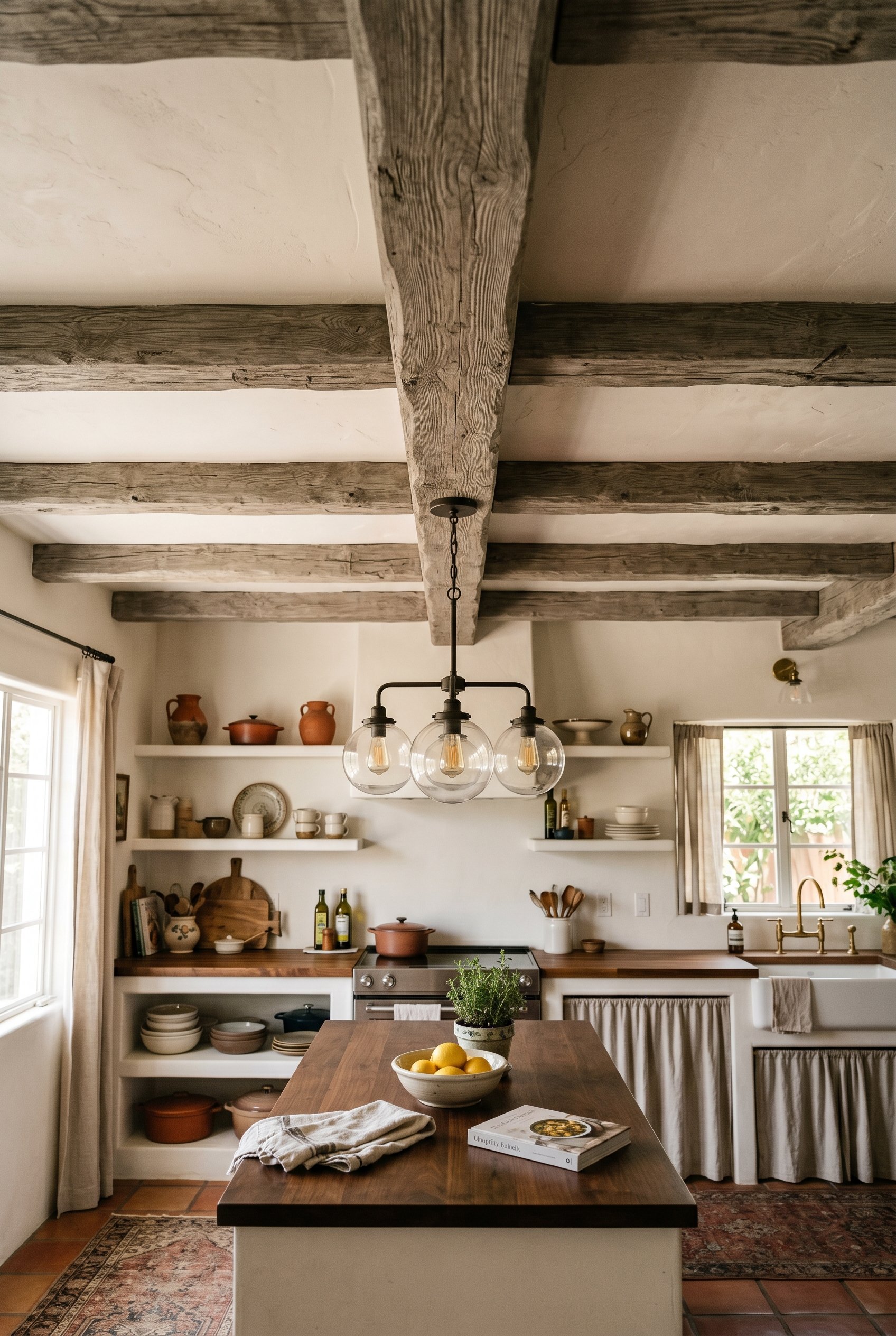 Photorealistic interior photo. Ceiling of a Mediterranean kitchen featuring thick, ashy-toned faux wood beams against a white plaster ceiling. Soft ambient lighting. Editorial photography style, no pe