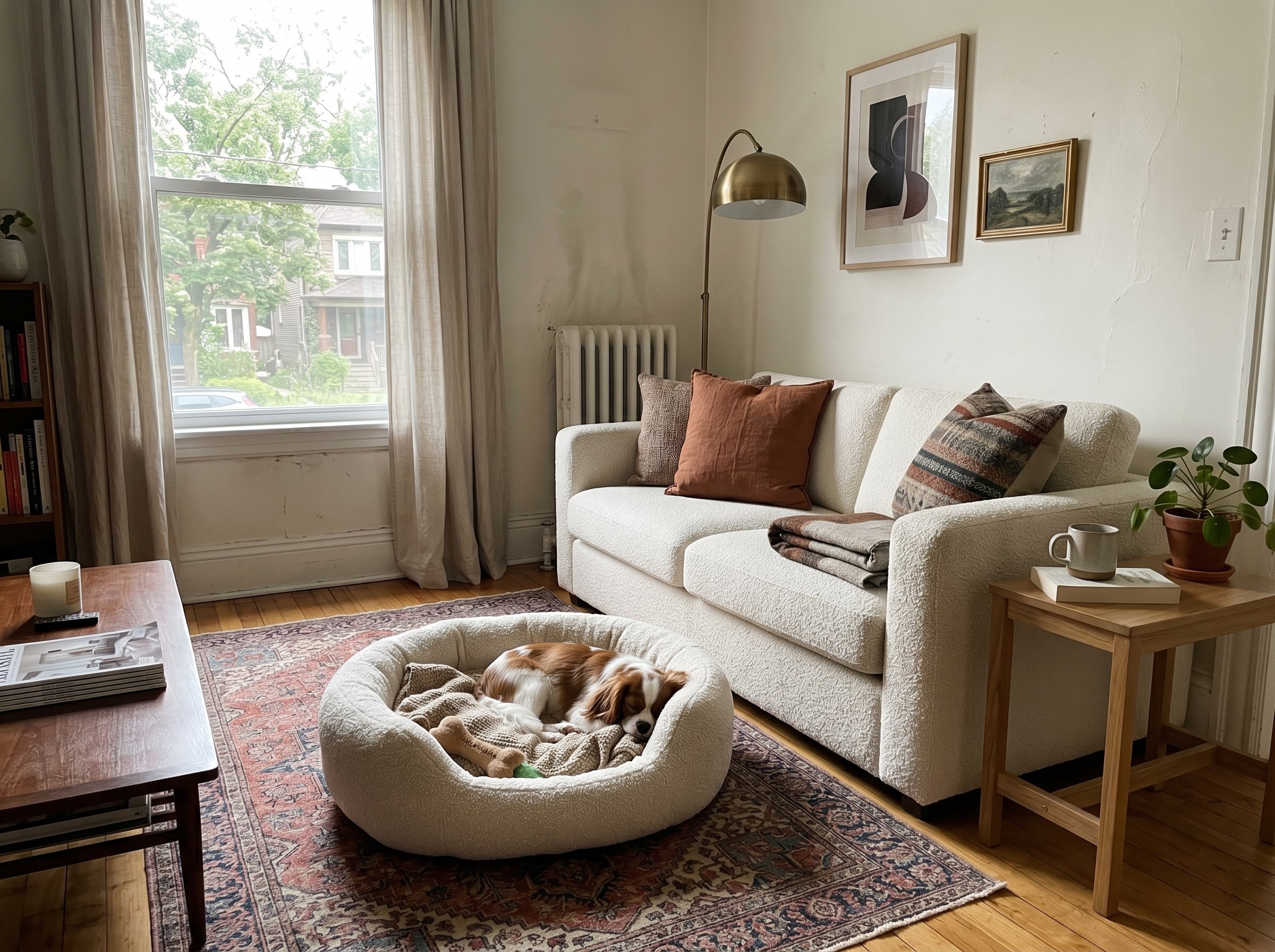 Photorealistic interior photo. Chic cream bouclé dog bed resting on a vintage rug next to a matching modern sofa. Natural window light, editorial photography style, no people visible.