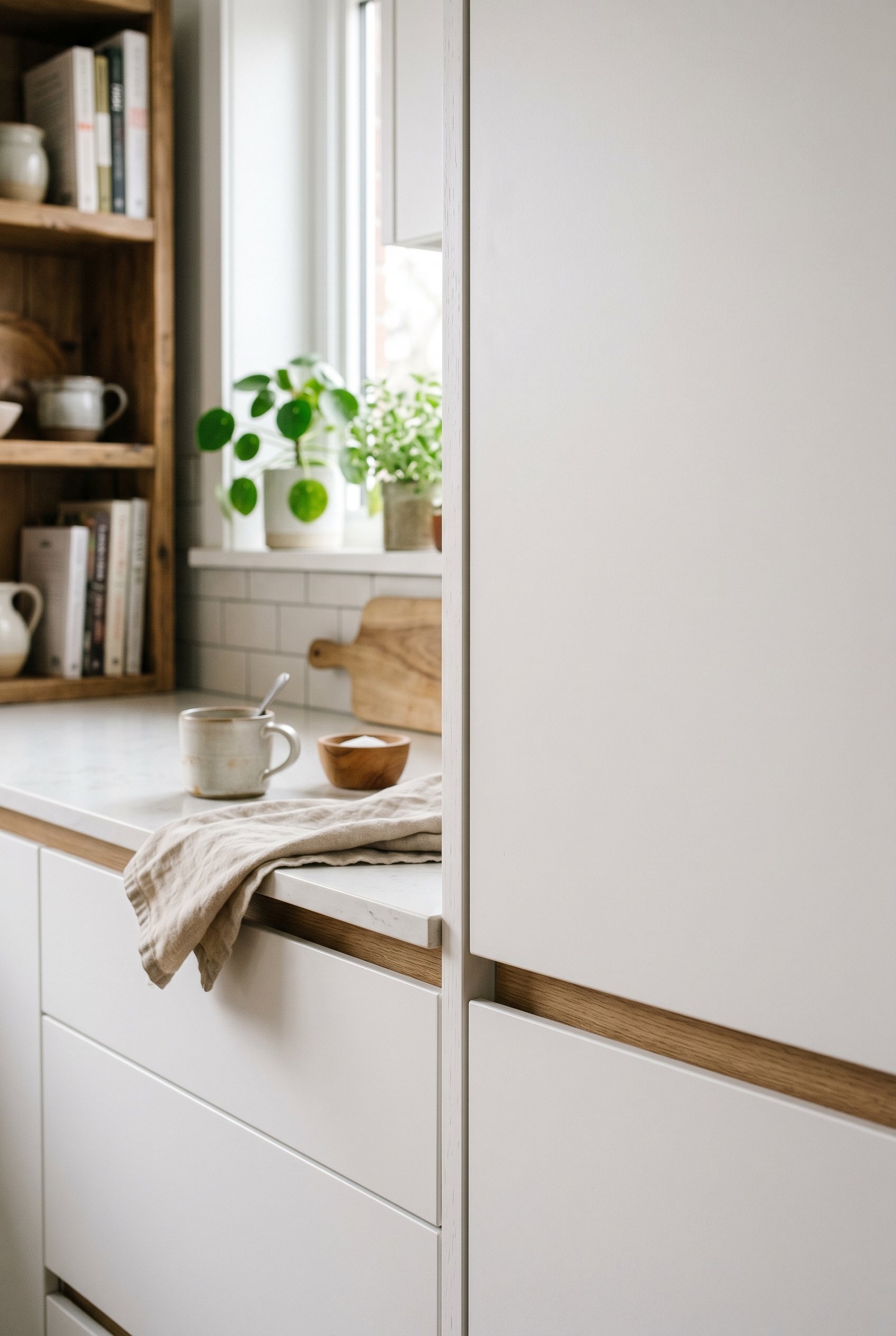 Photorealistic interior photo. Clean white kitchen cabinets with seamless edges, showing crisp box construction, soft ambient lighting, close-up macro angle on the door edge. Editorial photography sty