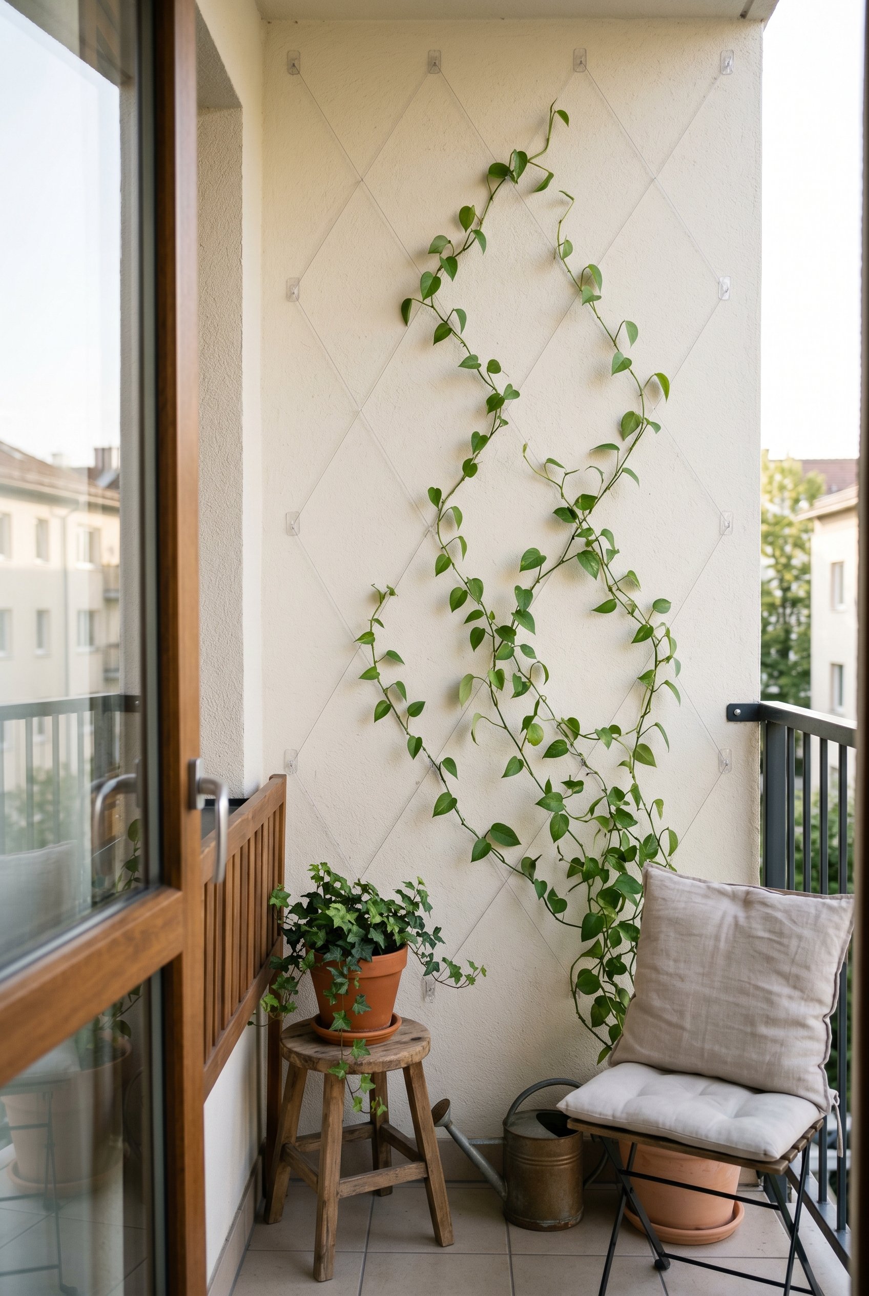 Photorealistic interior photo. Clear fishing line strung in a geometric diamond pattern against a smooth stucco balcony wall, held by clear adhesive hooks. Delicate green vines climbing the invisible 