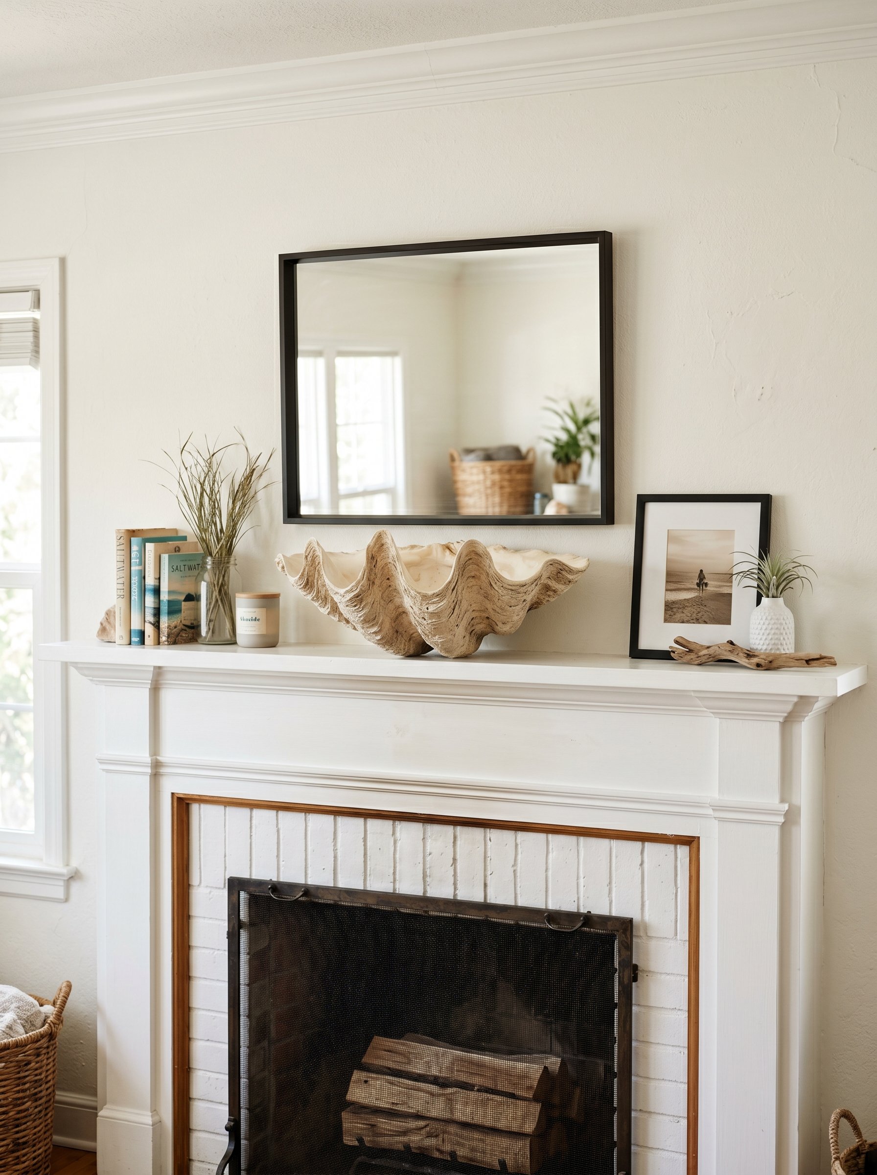 Photorealistic interior photo. Close-up of a bright white mantelpiece featuring one massive, oversized vintage clam shell in the center. Crisp white walls, minimalist coastal aesthetic, soft natural l