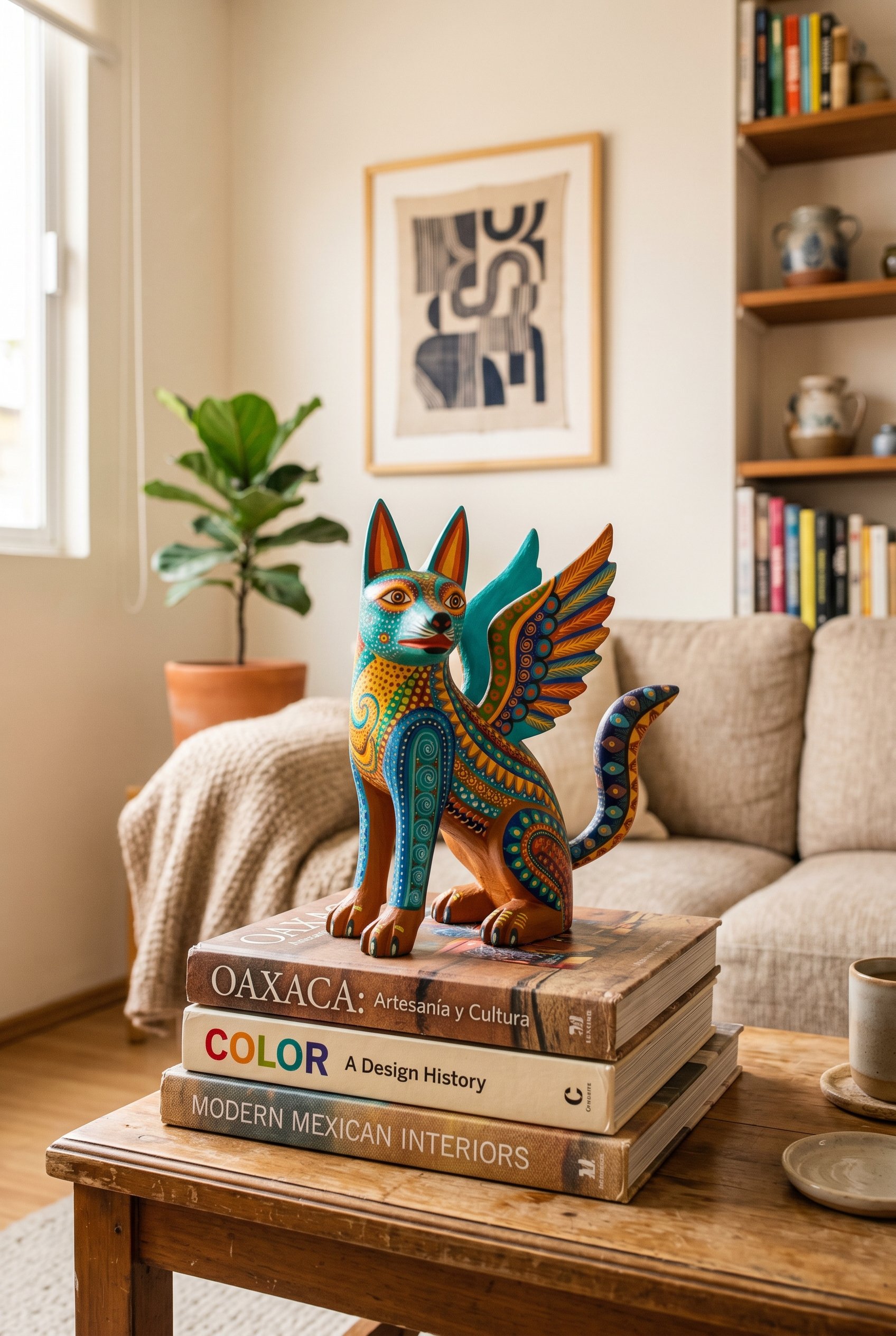 Photorealistic interior photo. Close-up of a brightly painted, intricate Oaxacan wood-carved Alebrije sitting on top of a stack of art design coffee table books. Modern living room background. Editori