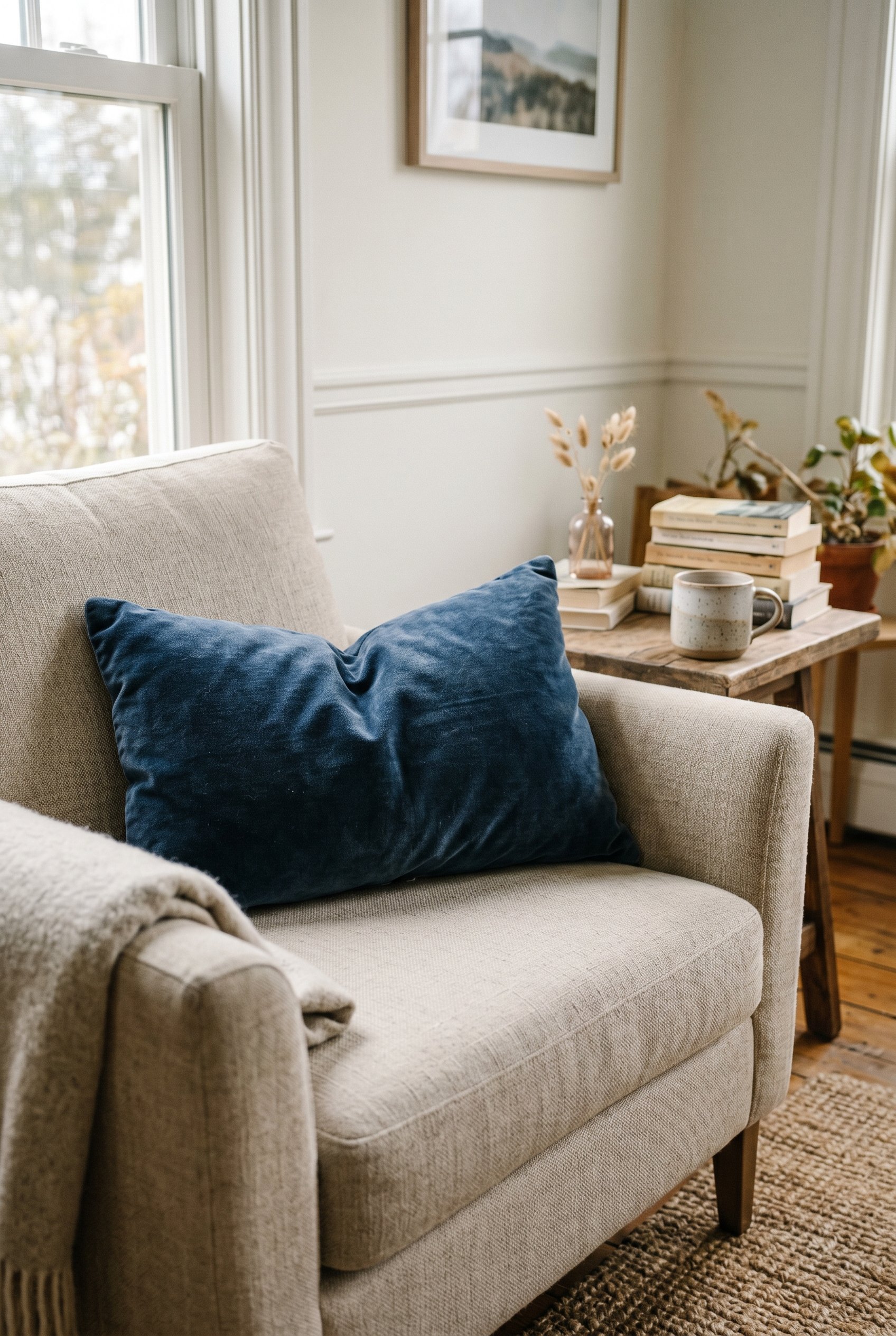 Photorealistic interior photo. Close up of a faded navy blue velvet lumbar pillow on a light beige armchair, soft coastal morning lighting, shallow depth of field. Editorial photography style, no peop