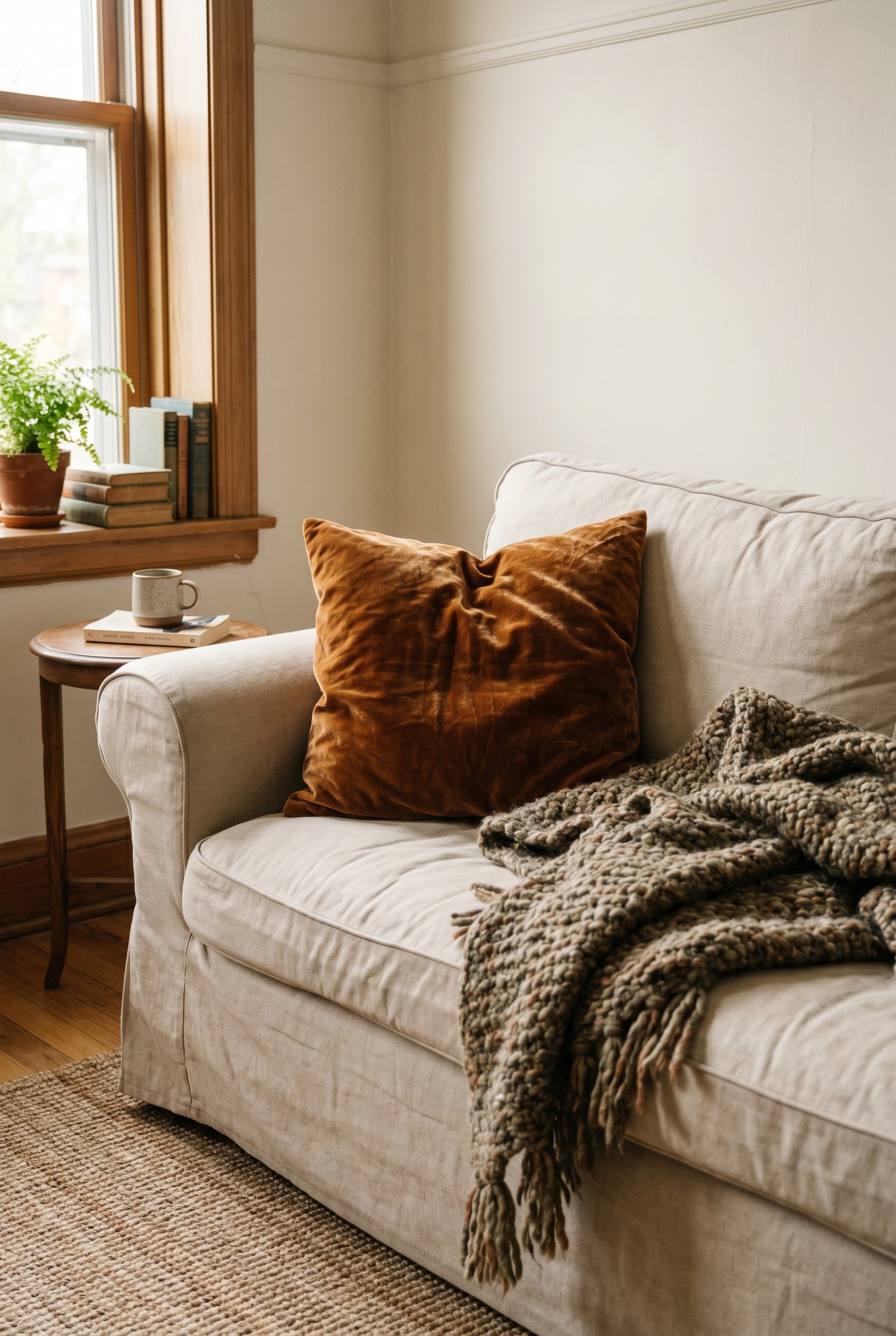 Photorealistic interior photo. Close up of a linen slipcovered sofa layered with a crushed velvet pillow and a chunky wool throw blanket in warm muddy tones, soft natural sunlight, angled side view. E