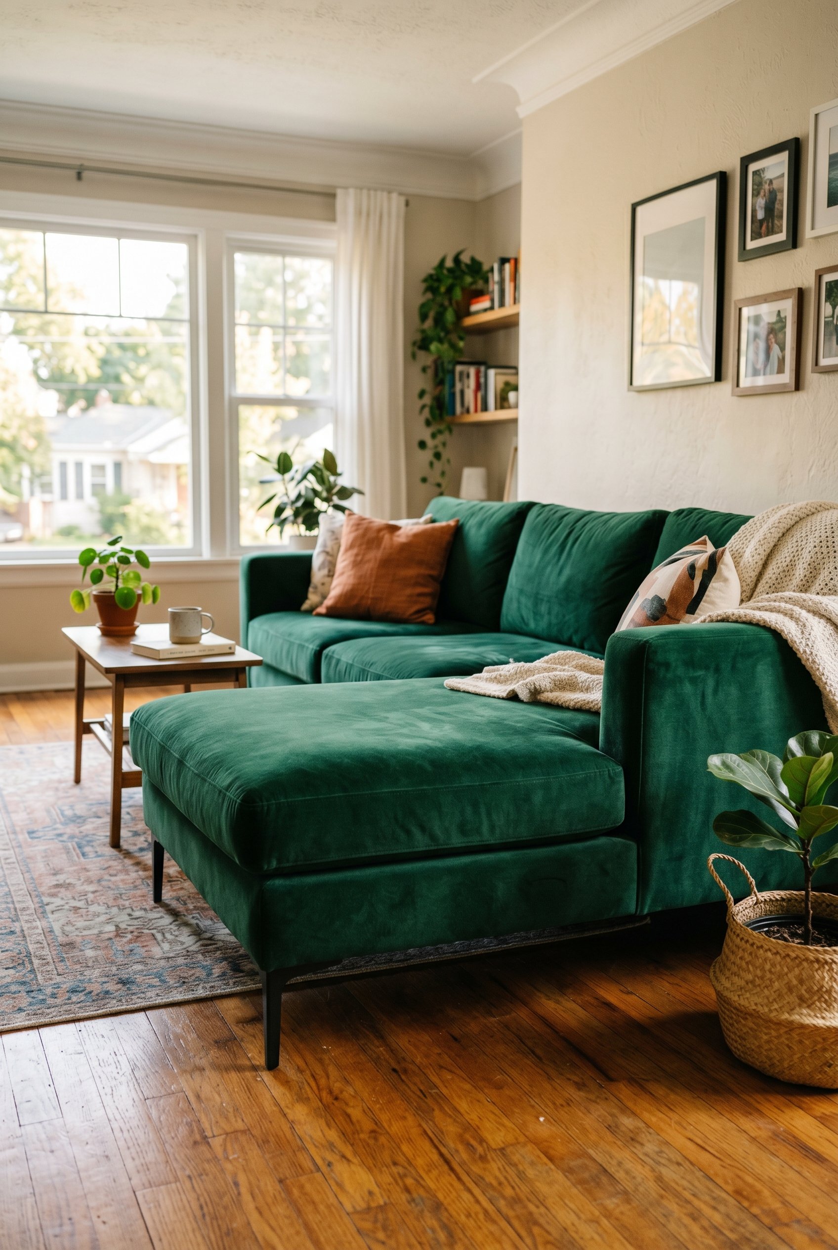 Photorealistic interior photo. Close up of a modern emerald green velvet sectional sofa featuring thin, exposed matte black metal legs, showcasing the hardwood floor underneath. Editorial photography 