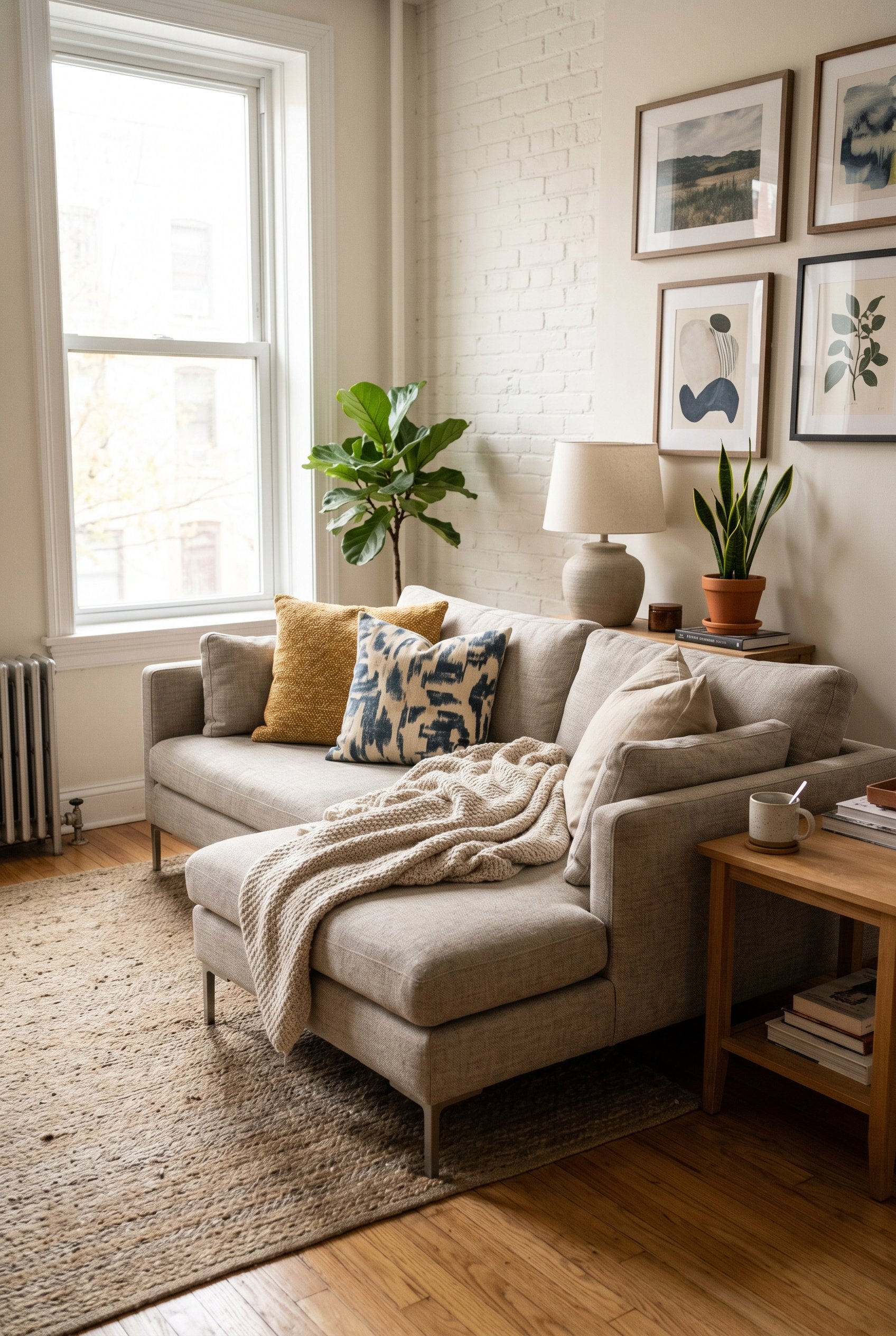 Photorealistic interior photo. Close up of a modern sectional sofa with ultra-slim track armrests, maximizing seating space in a compact, sunlit apartment living room. Editorial photography style, no 