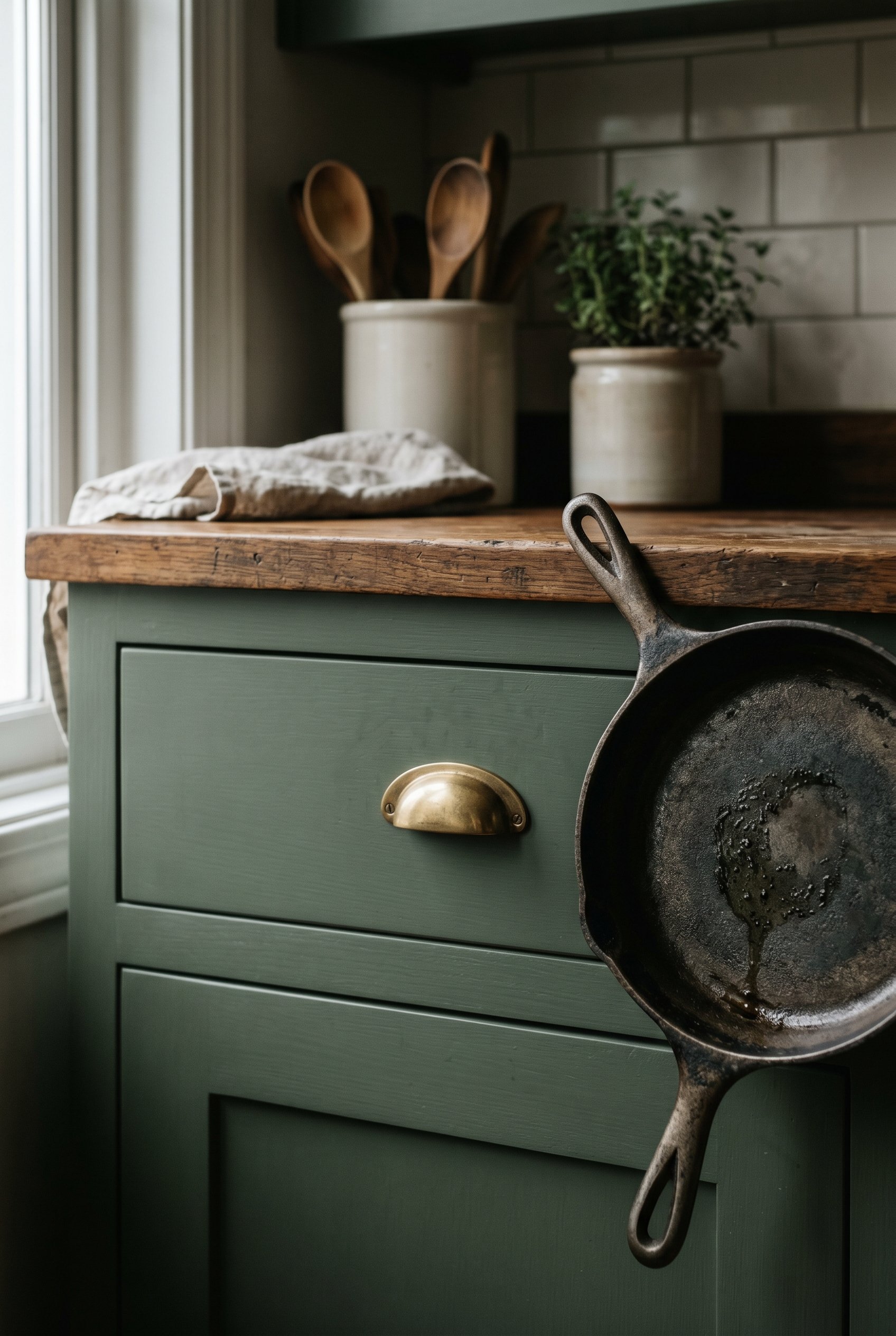 Photorealistic interior photo. Close-up of a perfectly smooth painted kitchen cabinet drawer next to a vintage cast iron pan on the counter, soft moody lighting, macro camera angle. Editorial photogra