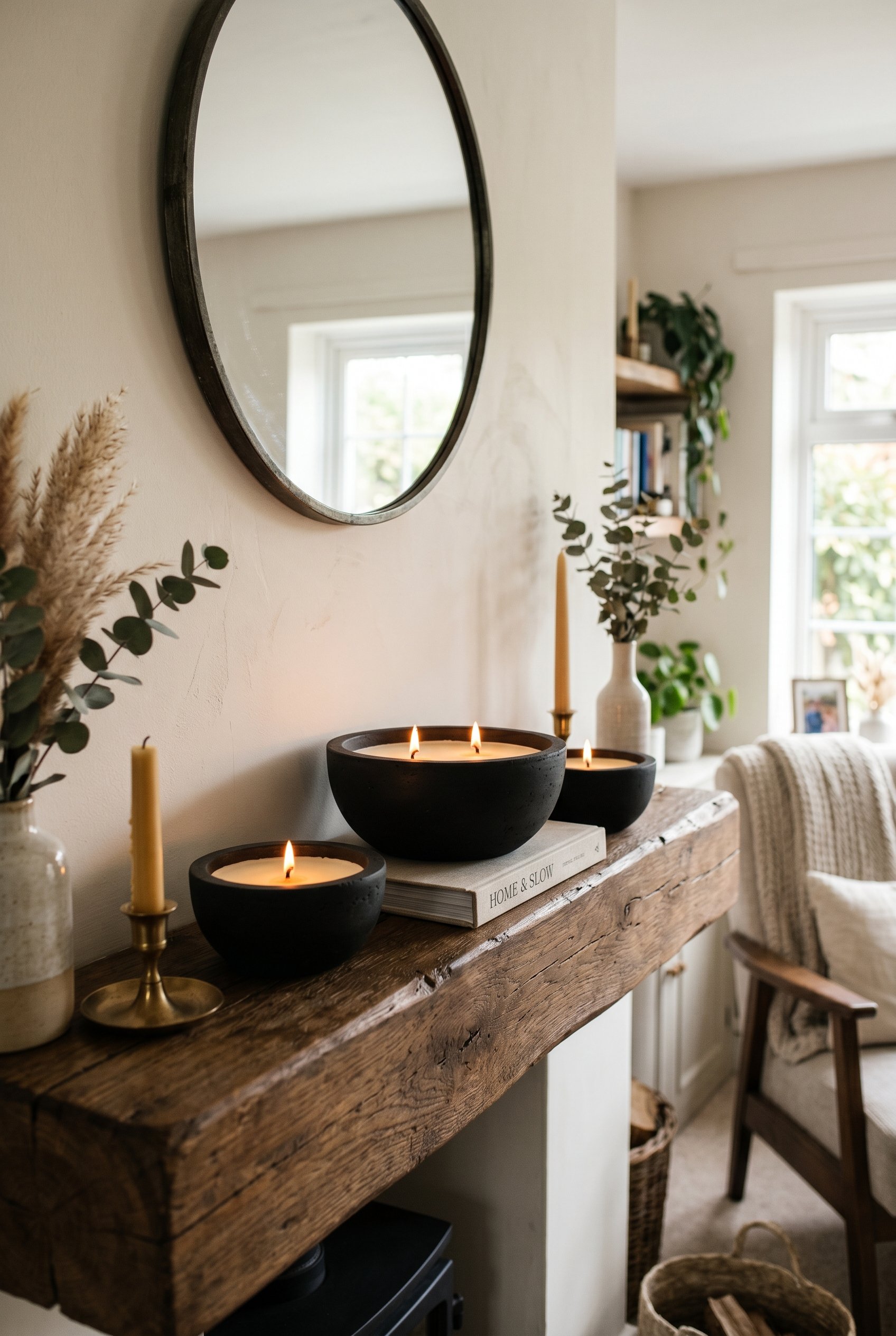 Photorealistic interior photo. Close-up of a rustic wood mantel featuring heavy, matte black concrete bowls functioning as chic citronella candles. Neutral background, modern organic aesthetic, soft d