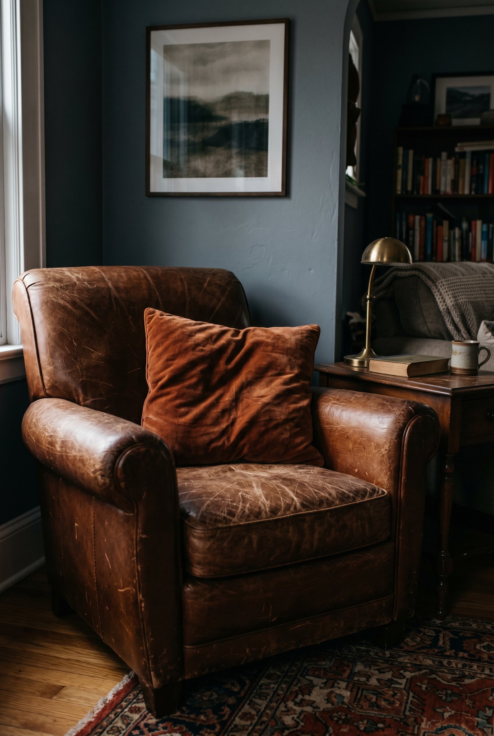 Photorealistic interior photo. Close-up of a scratched, deeply worn brown leather club chair with a heavy rust-colored velvet pillow on it. Dramatic side lighting, moody shadows. Editorial photography