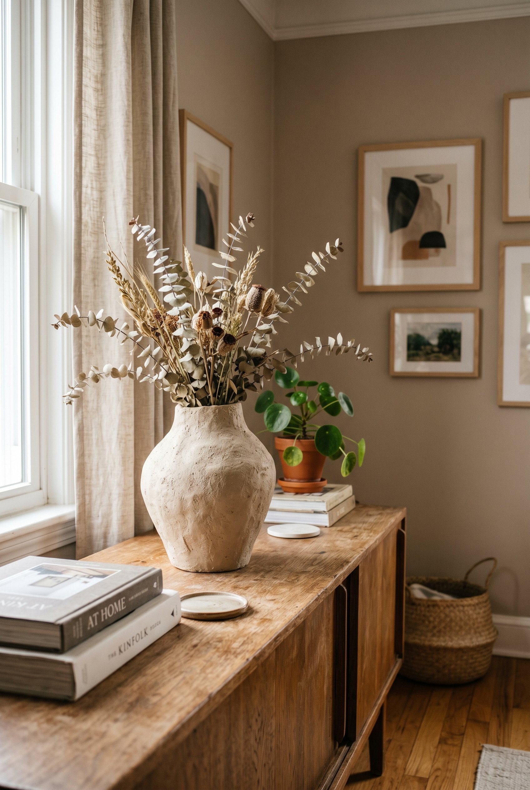 Photorealistic interior photo. Close up of a sculptural, matte, plaster-textured vase on a wooden credenza. Natural sunlight, neutral beige and taupe colors. Editorial photography style, shallow depth