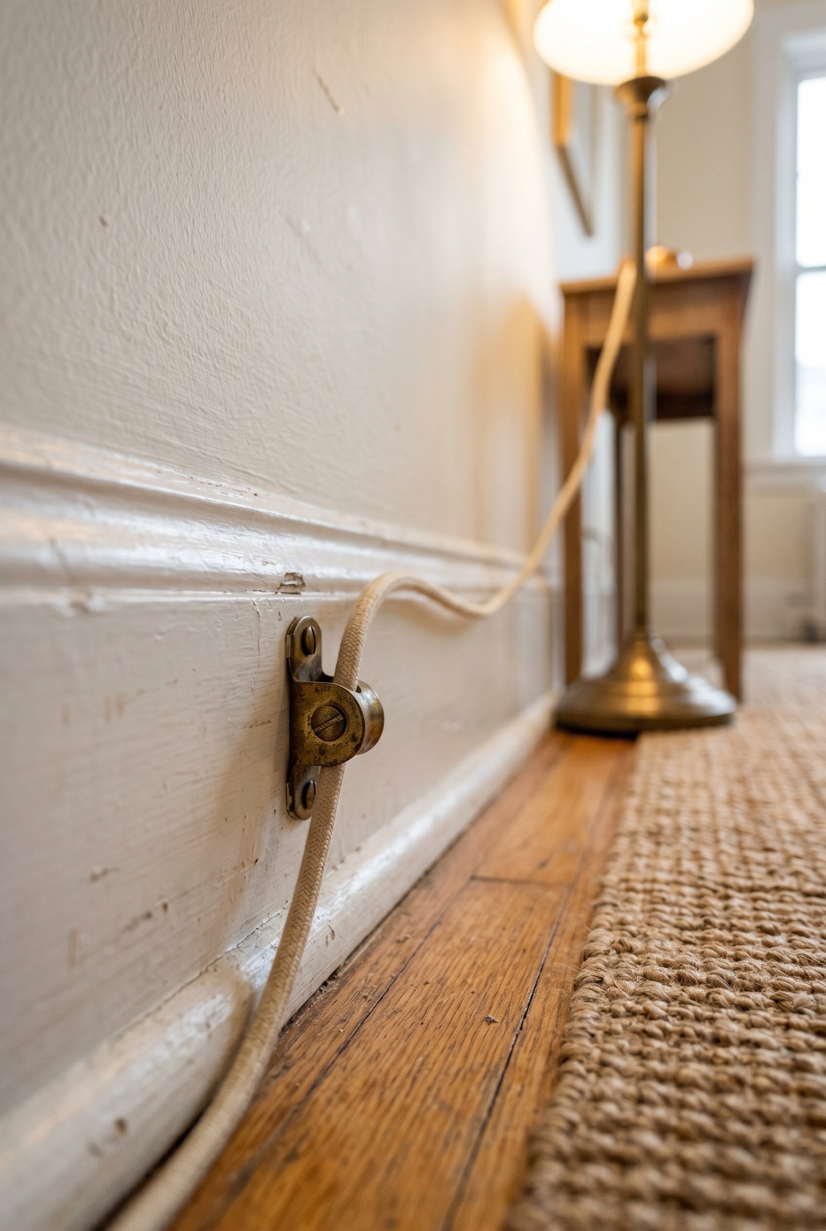 Photorealistic interior photo. Close up of a vintage brass clip holding a fabric-covered lamp cord neatly along a tall white baseboard, soft floor-level lighting, macro angle. Editorial photography st