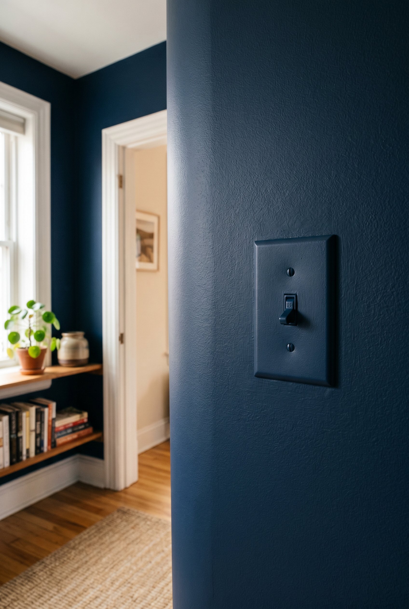 Photorealistic interior photo. Close up of a wall light switch plate painted the exact same dark navy blue color as the wall it sits on. Seamless camouflage. Matte finish. Side lighting to emphasize t
