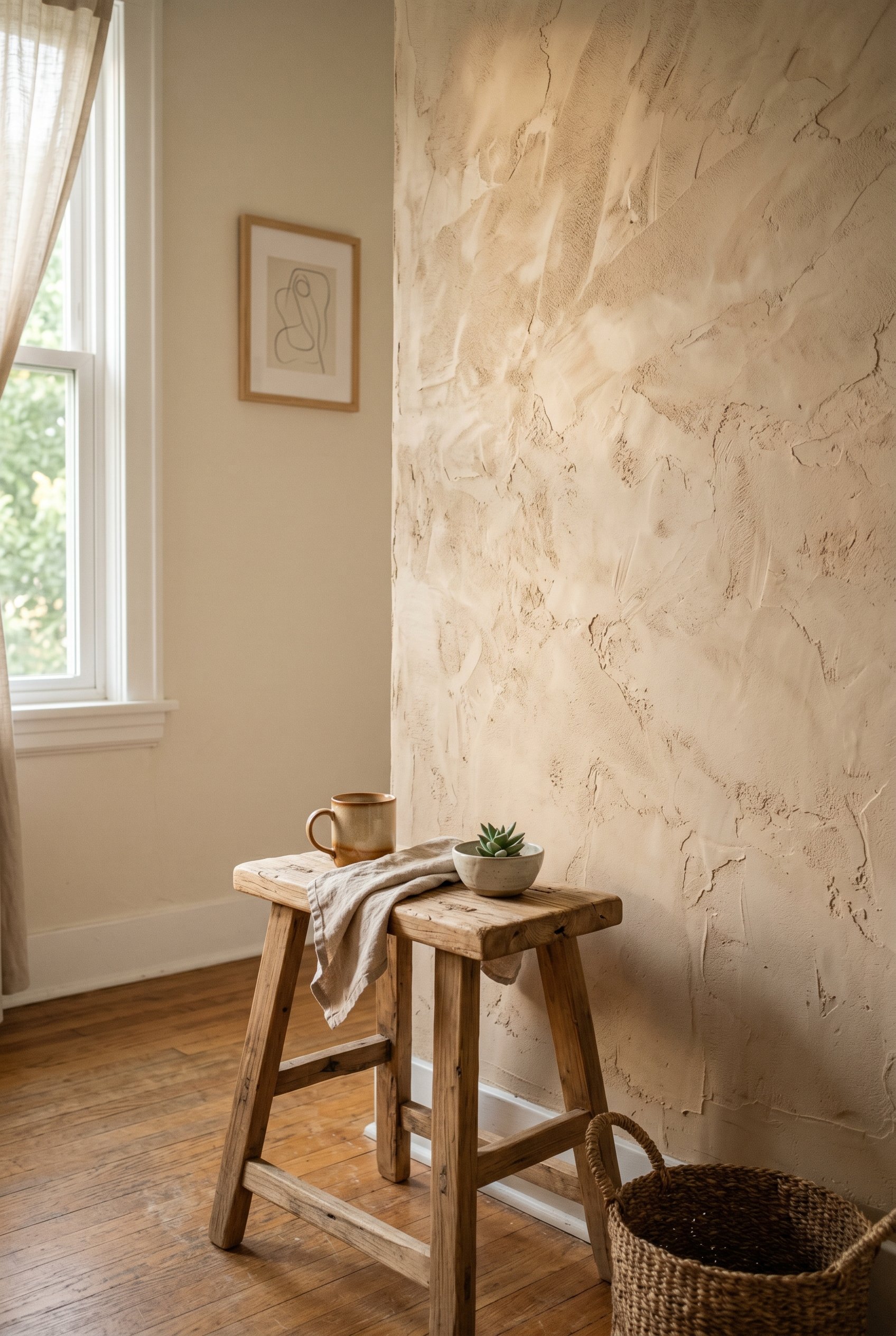 Photorealistic interior photo. Close up of a wall with heavily textured beige Roman clay plaster finish, catching soft morning sunlight. Minimalist styling with a small raw wood stool in the foregroun