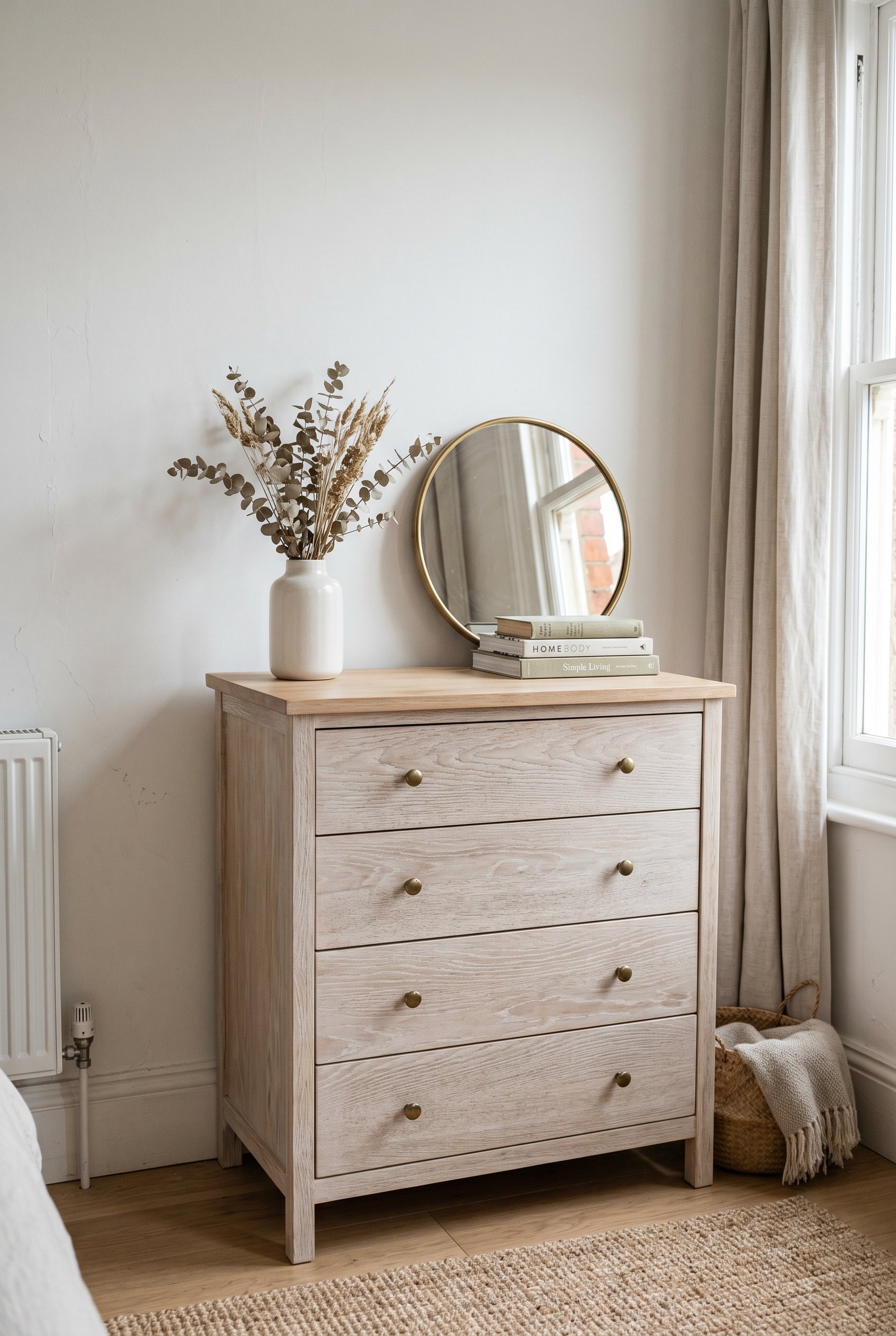 Photorealistic interior photo. Close up of a whitewashed light oak wood dresser against a white wall, minimalist styling, soft natural daylight, eye-level angle. Editorial photography style, no people