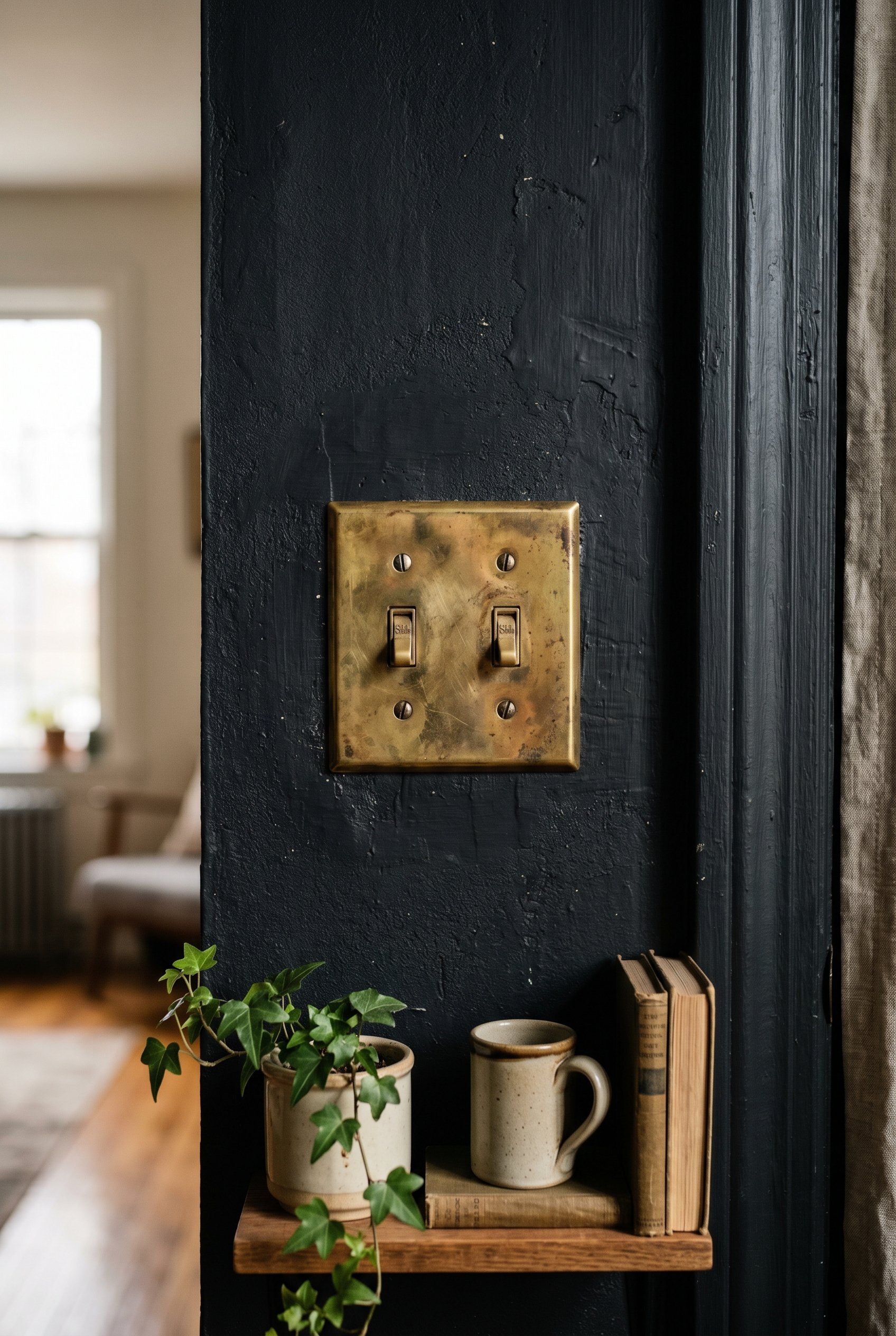 Photorealistic interior photo. Close up of an aged, unlacquered brass double light switch plate mounted on a matte black limewash wall. Rich textures, moody side lighting. Editorial photography style,