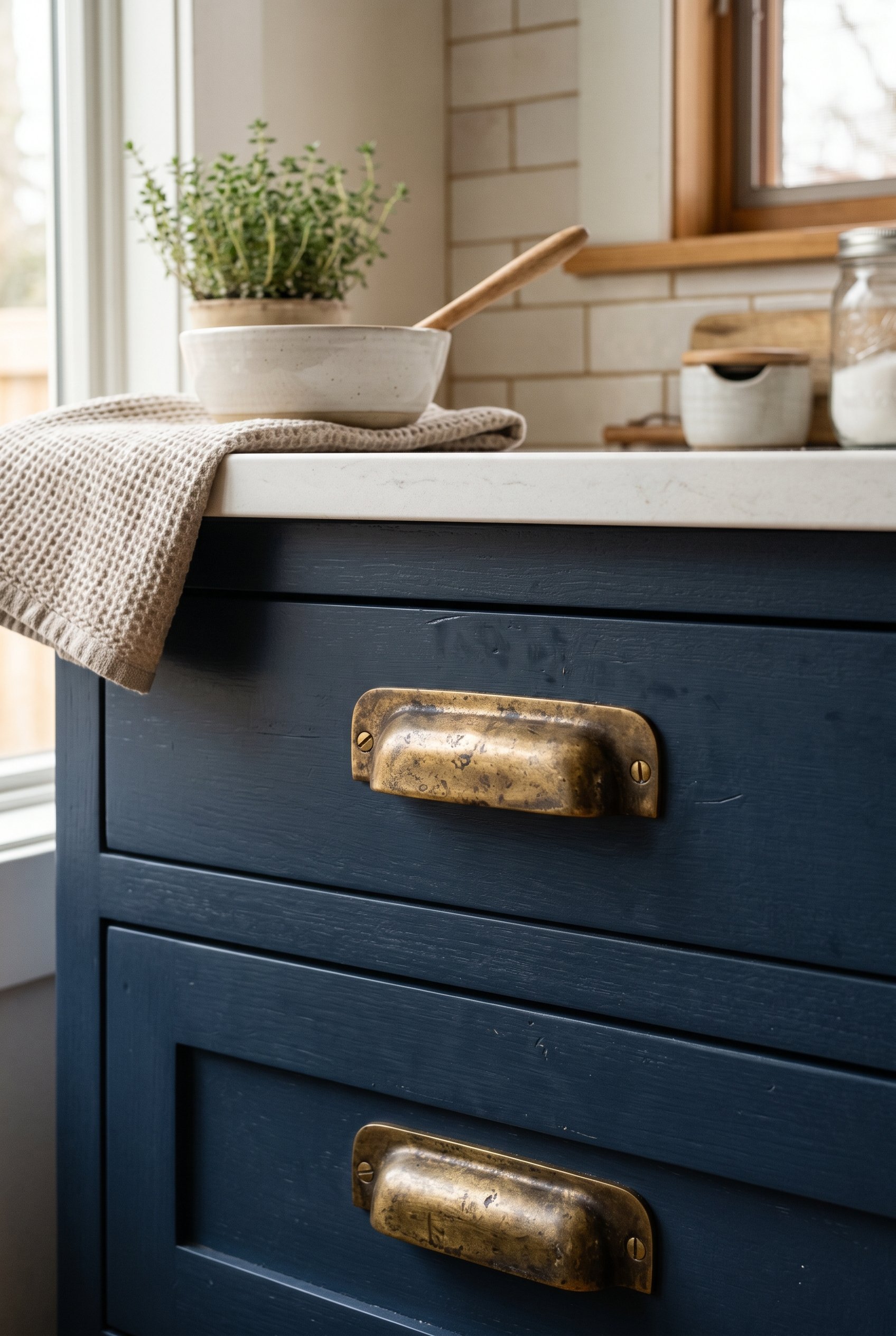 Photorealistic interior photo. Close-up of heavy unlacquered brass drawer pulls on a matte navy blue cabinet, sharp focus, natural side lighting, macro camera angle. Editorial photography style, no pe