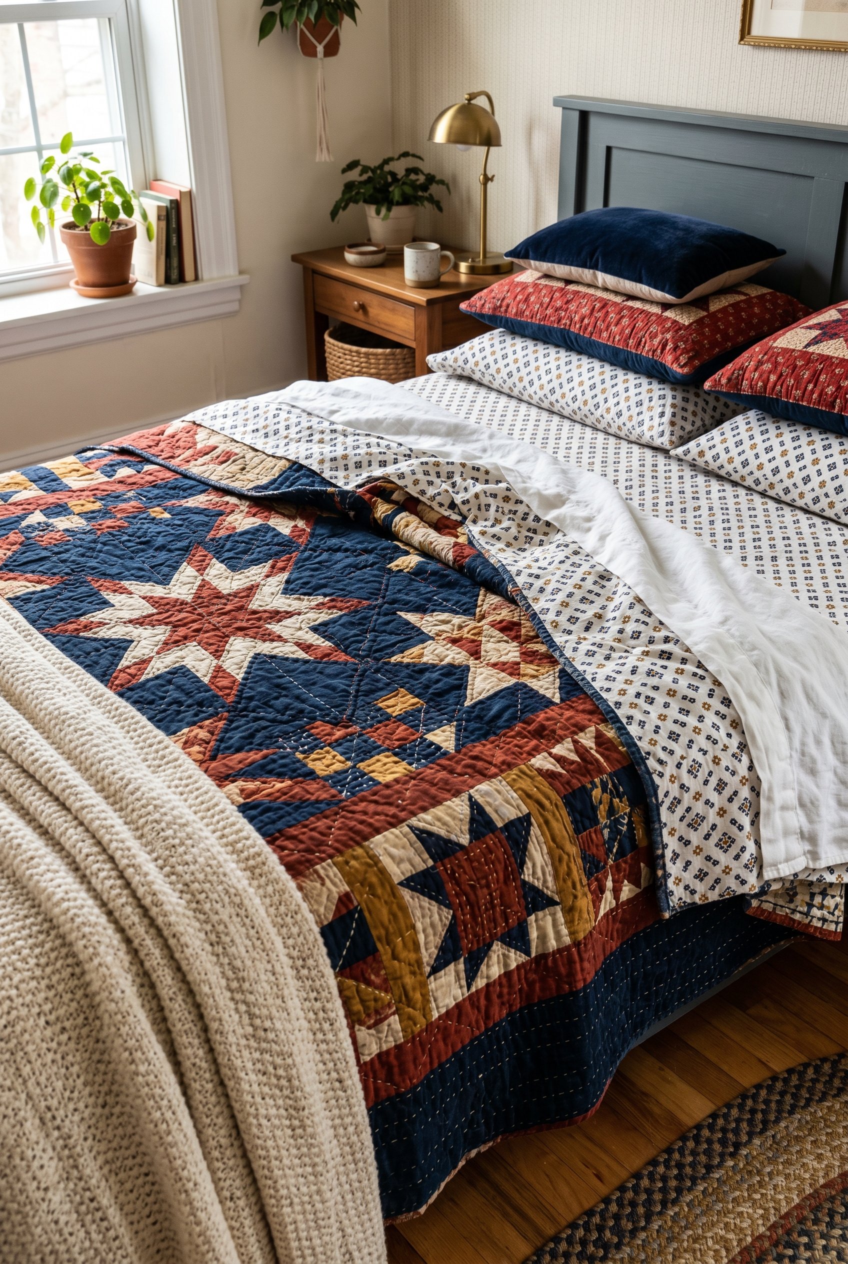 Photorealistic interior photo. Close up of layered bed textiles, a vintage navy and red folk-art quilt layered over geometric print sheets. Editorial photography style, no people visible.