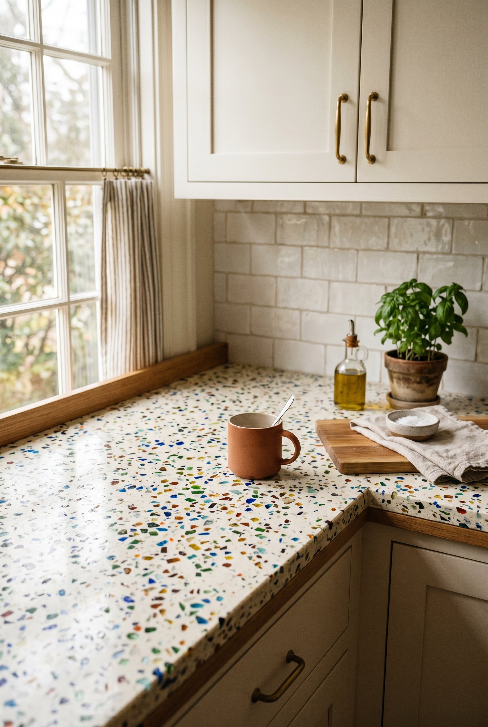 Photorealistic interior photo. Close up of recycled glass terrazzo countertops in a kitchen, colorful glass flecks embedded in a white resin base, soft window light. Editorial photography style, no pe