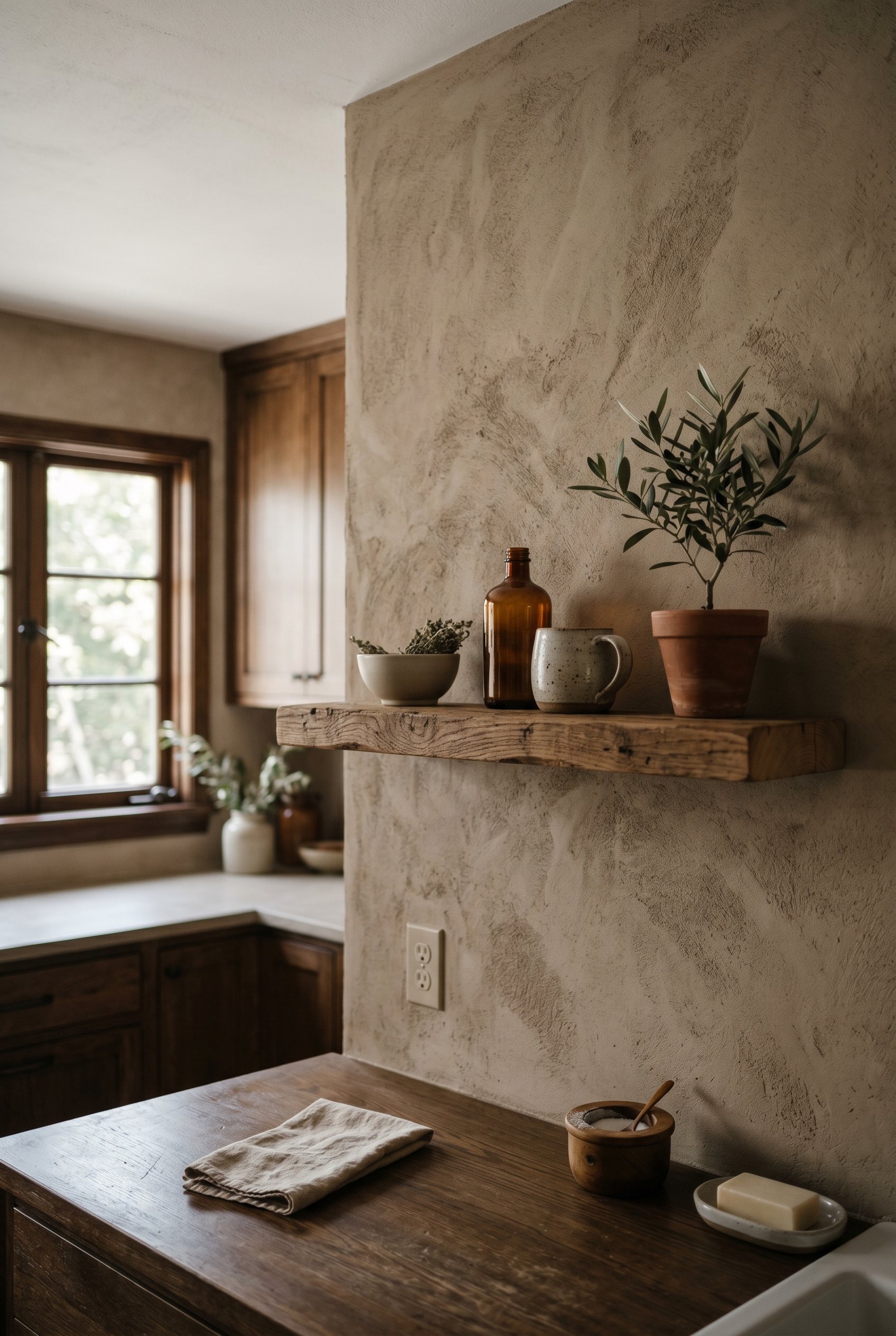 Photorealistic interior photo. Close up of textured kitchen walls finished in warm taupe limewash plaster, rustic wood floating shelf, moody natural lighting. Editorial photography style, no people vi