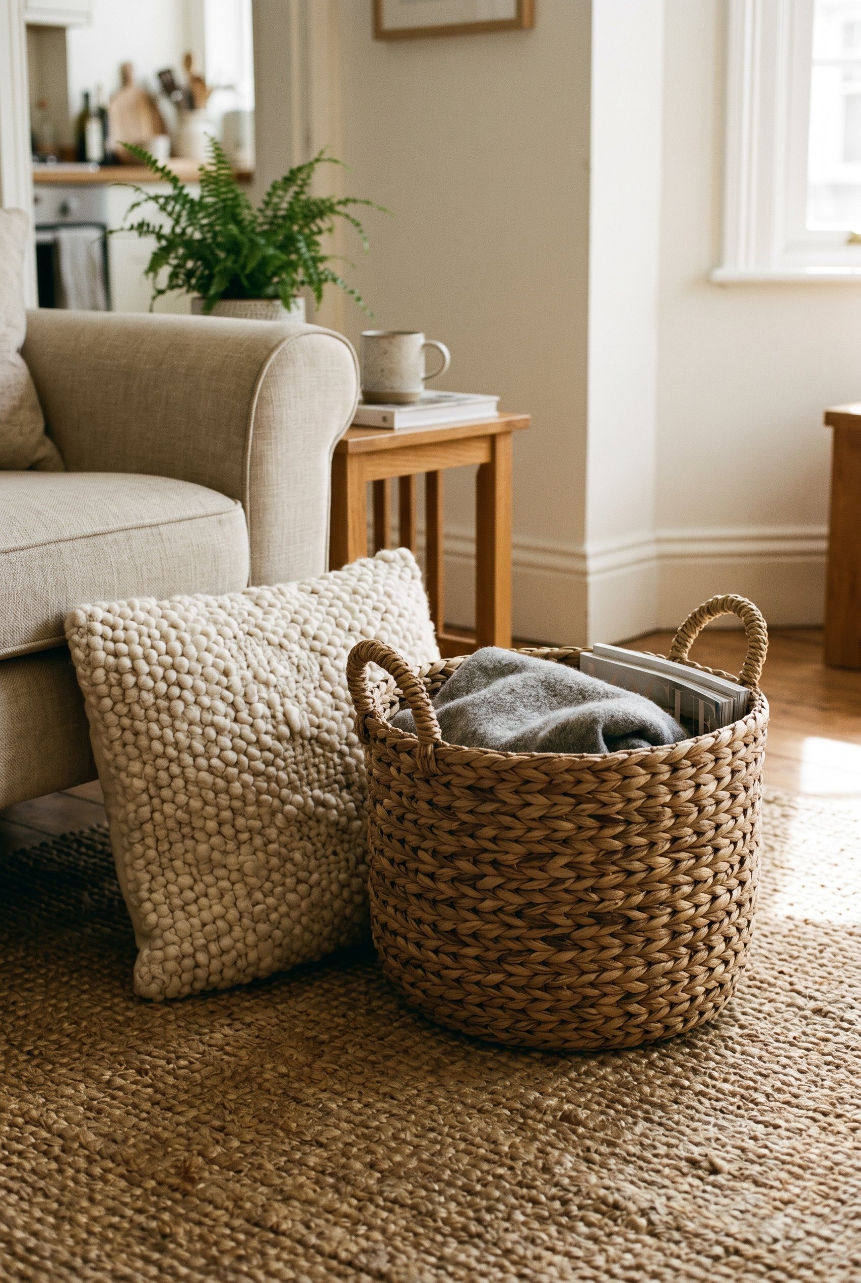 Photorealistic interior photo. Close up of thick woven basket next to a textured sisal rug and a nubby throw pillow. Warm sunlight. Editorial photography style, no people visible.