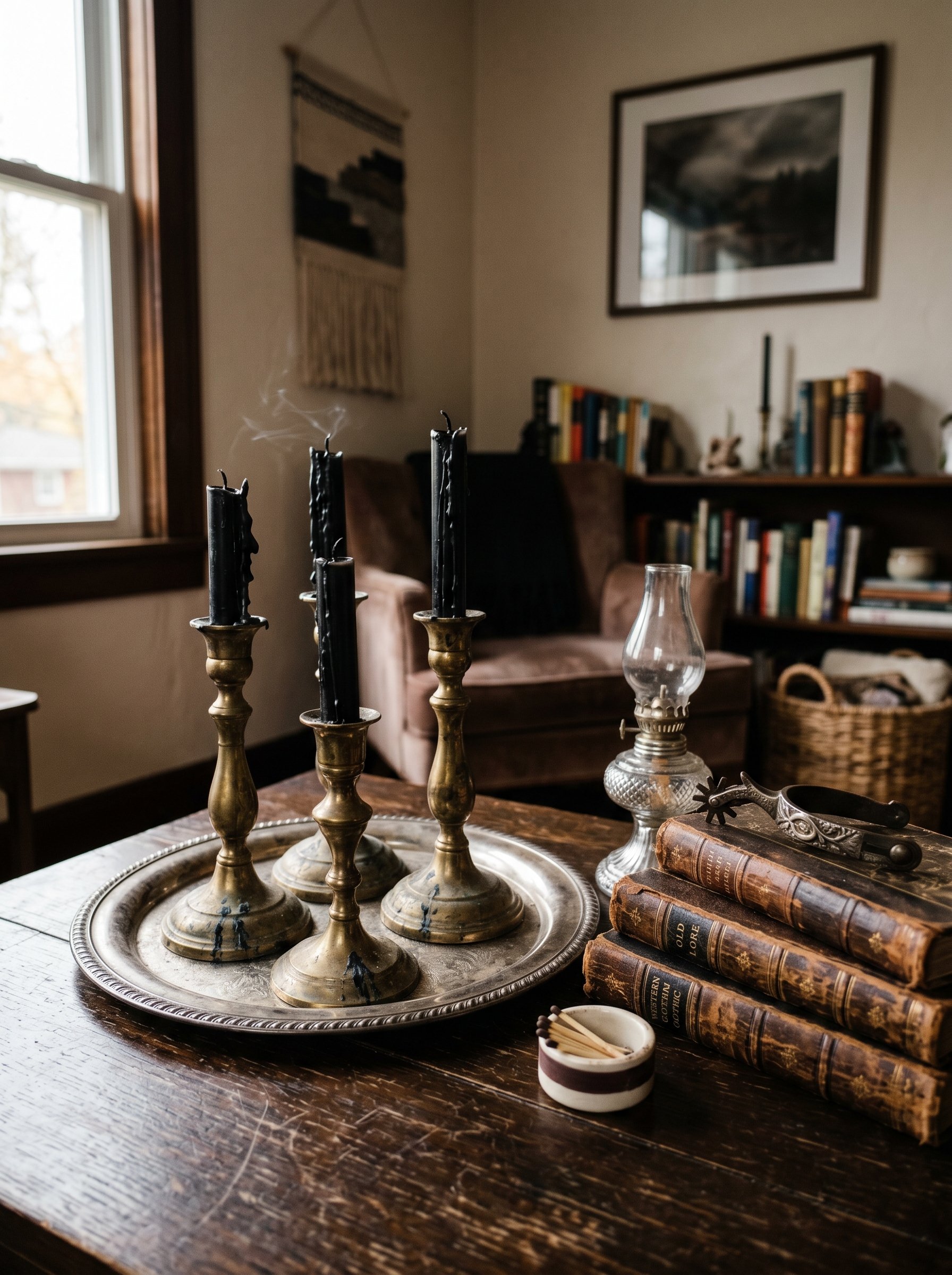 Photorealistic interior photo. Close-up of thrifted gothic western decor on a dark wood table: a tarnished silver serving tray, heavy brass candelabras with half-melted black candles, and worn leather