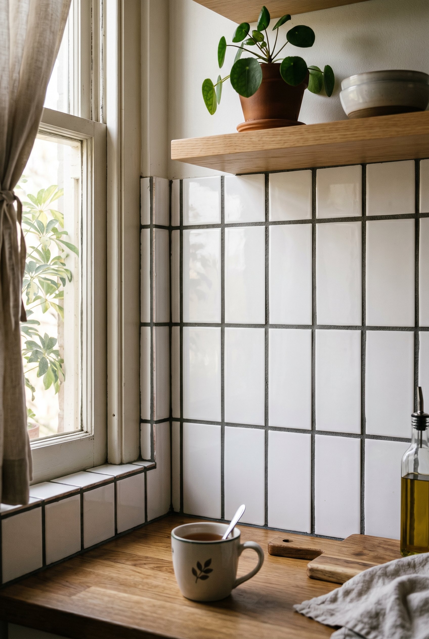 Photorealistic interior photo. Close up of white subway tile in a straight grid stack pattern featuring very thick, chunky 1/4-inch dark grey grout lines, modern minimalist styling. Editorial photogra