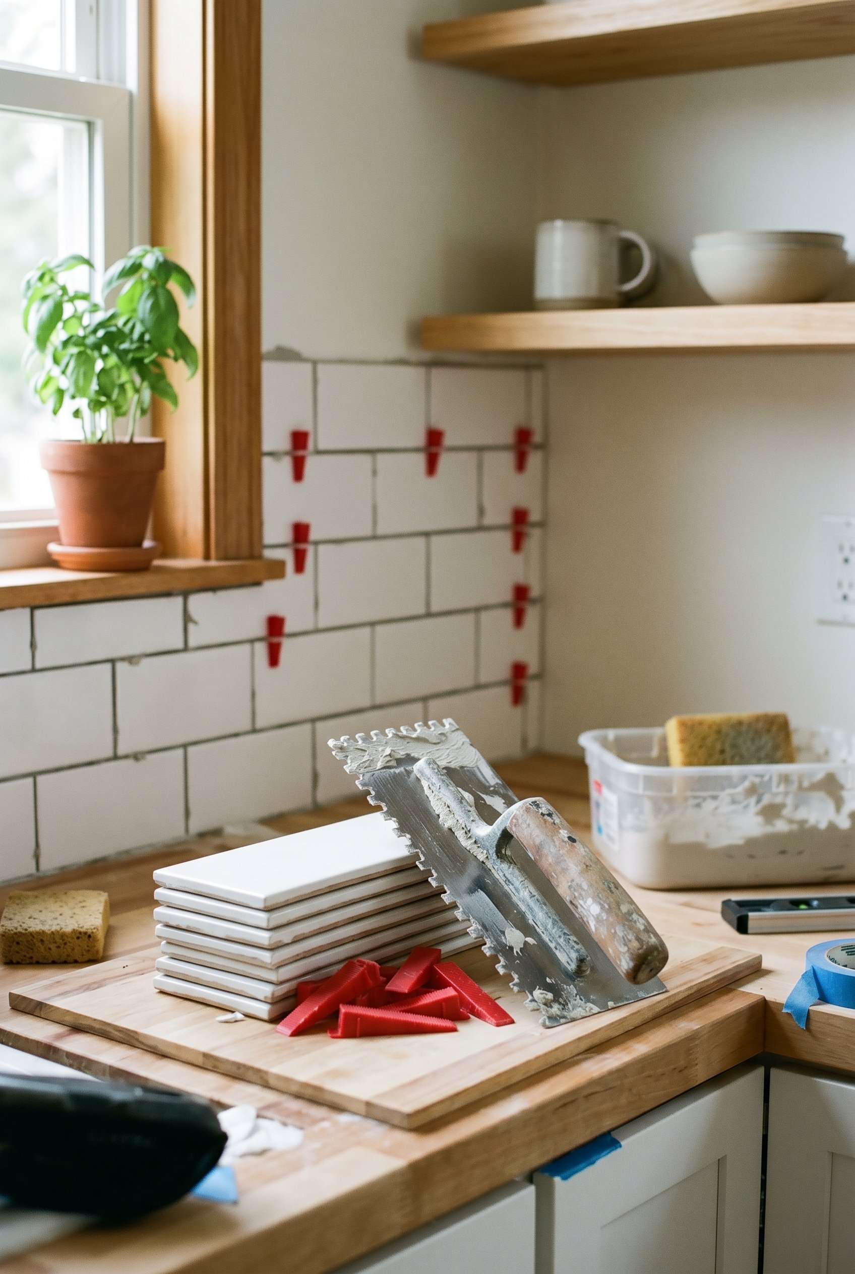 Photorealistic interior photo. Close up still life of a DIY tile project: a 3/16-inch V-notch trowel resting near a stack of white ceramic subway tiles and red wedge spacers, natural lighting. Editori