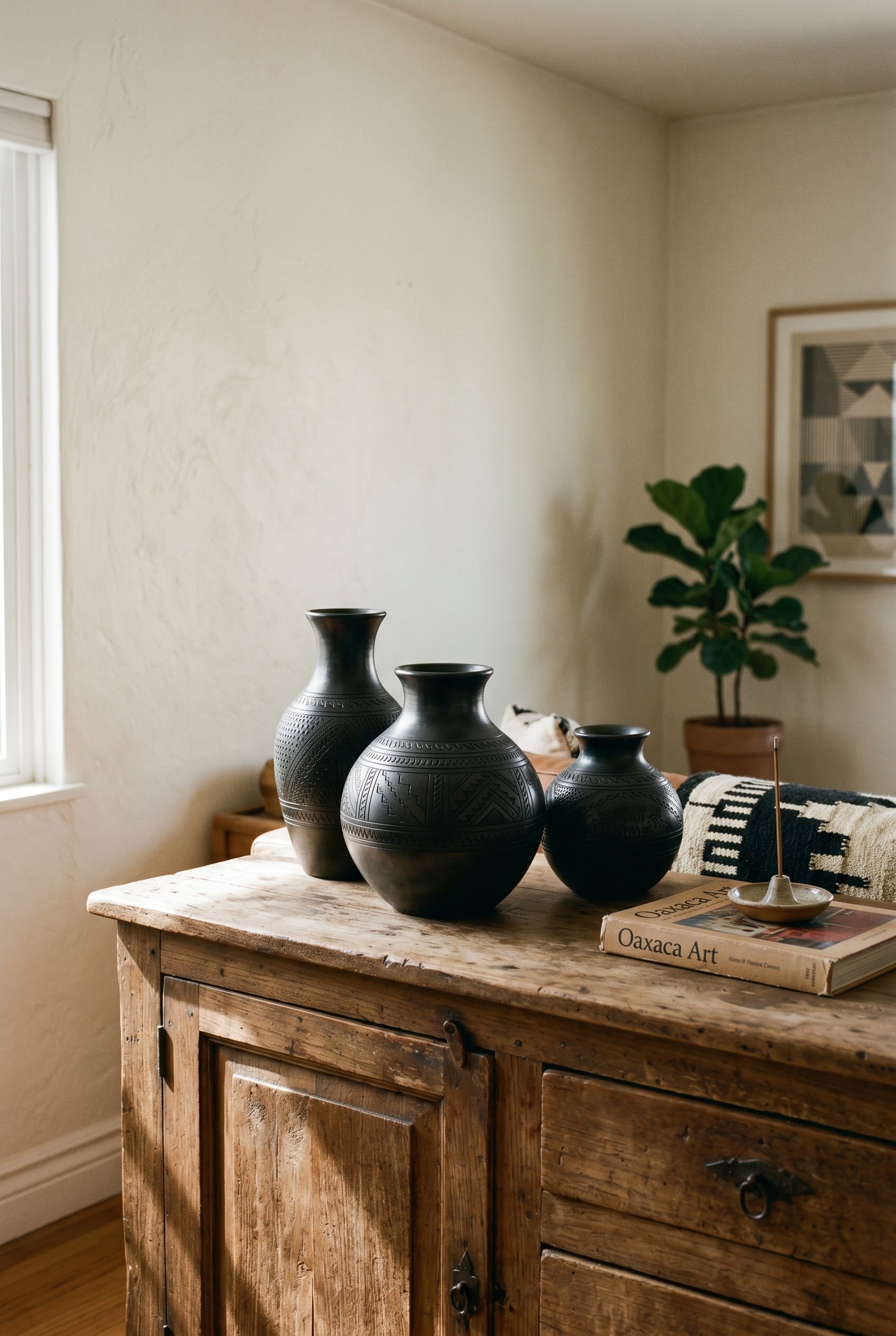 Photorealistic interior photo. Close up styling of three Oaxacan Barro Negro black clay vases on a vintage wooden sideboard. Matte metallic black finish, editorial photography style, dramatic shadows,