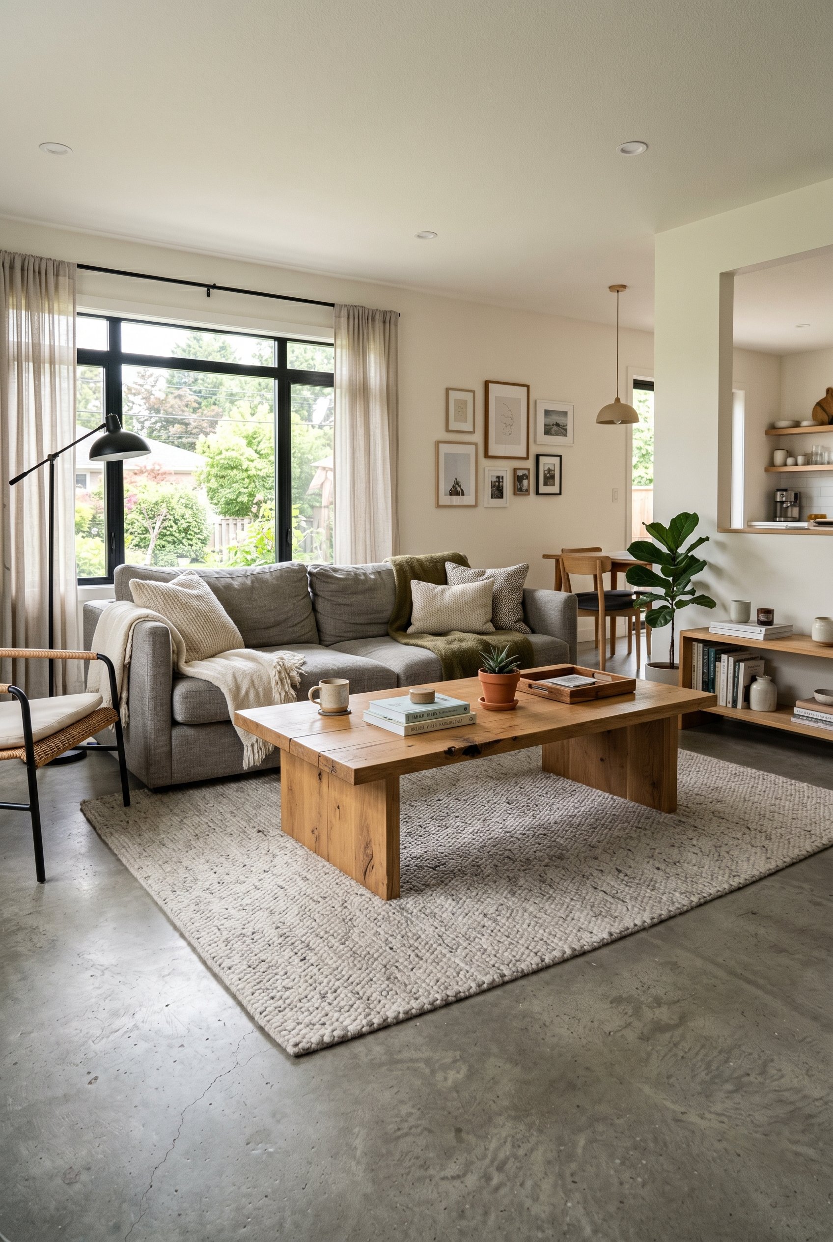 Photorealistic interior photo. Contemporary living room, completely matte raw-looking gray concrete floor, natural wood coffee table, bright natural daylight. Editorial photography style, no people vi