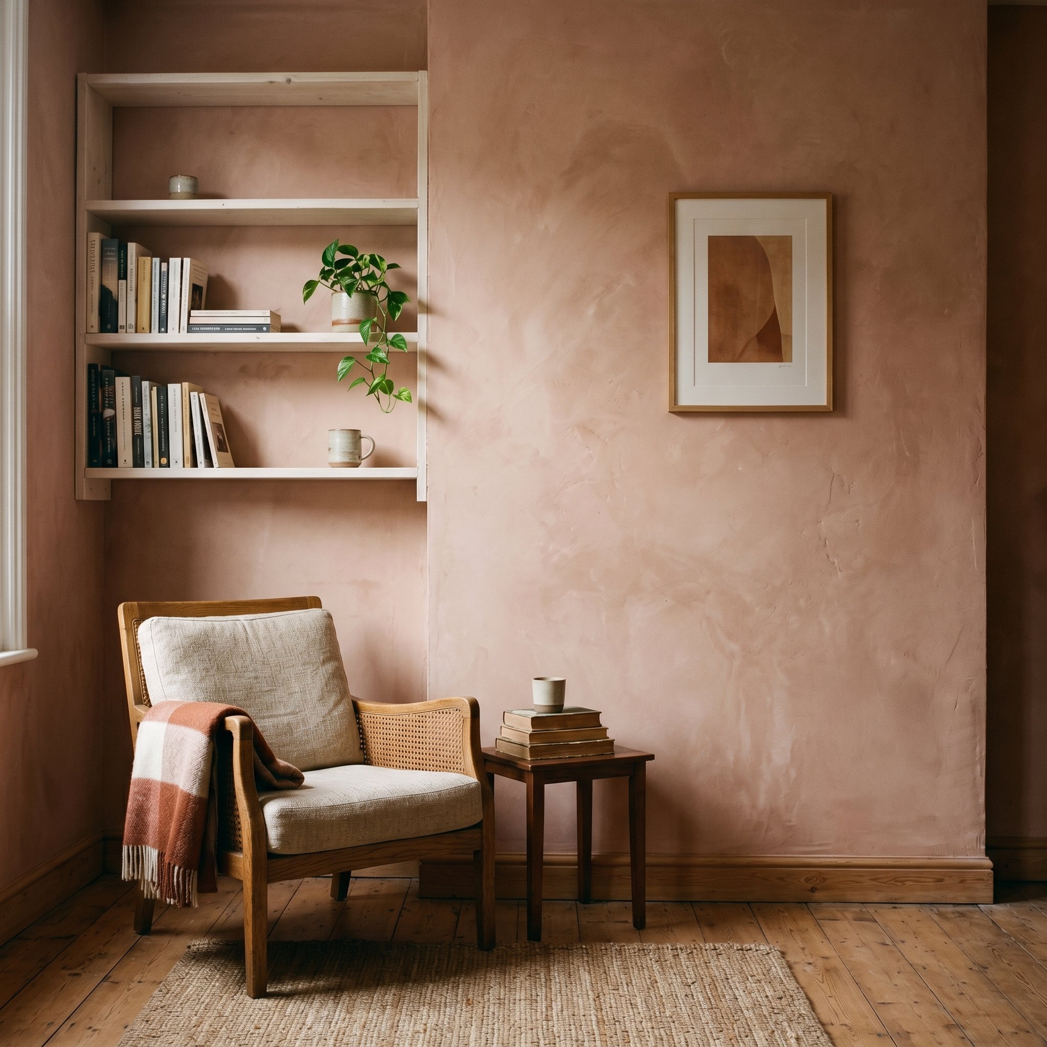 Photorealistic interior photo. Corner of a room painted in a muddy terracotta-pink plaster color, deep shadows hitting the wall, minimalist styling, straight on angle. Editorial photography style, no 