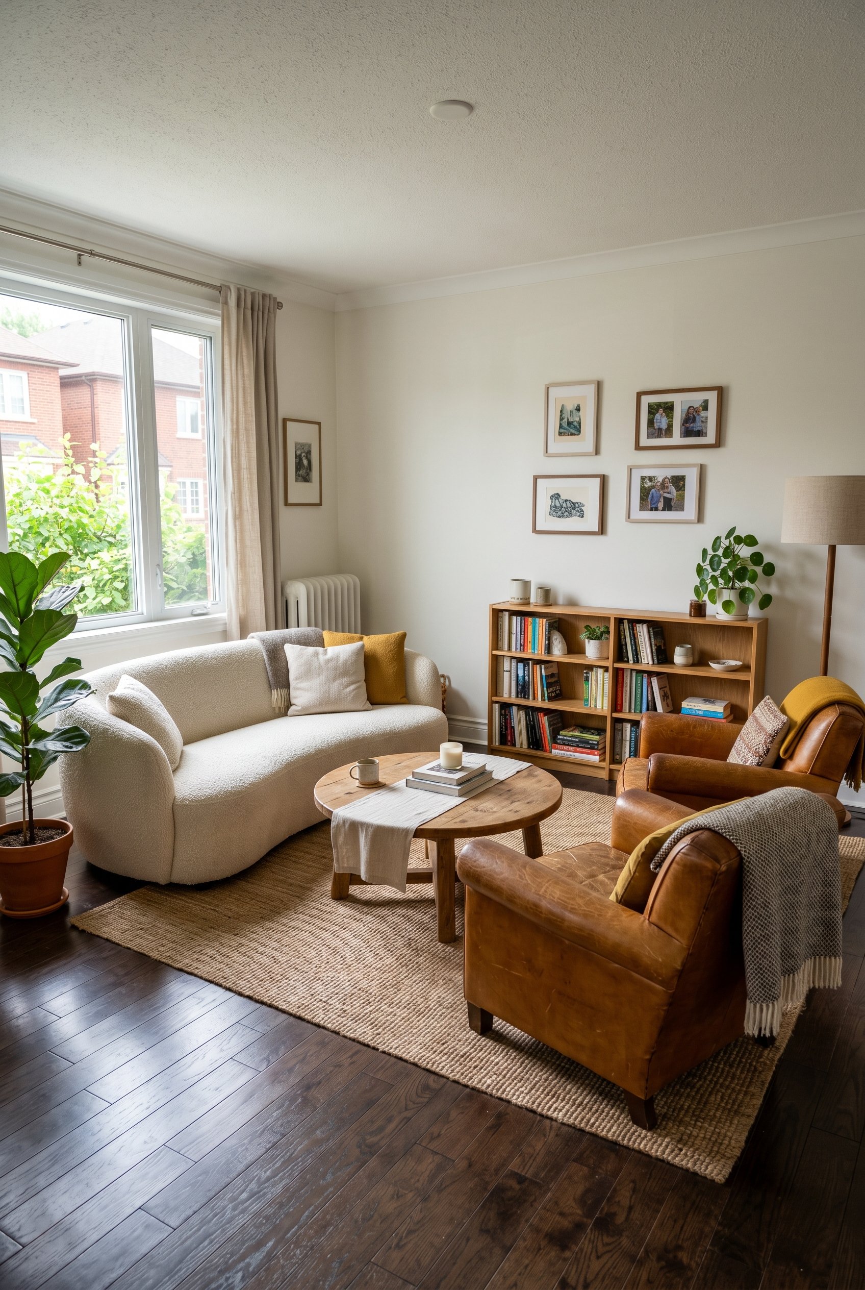 Photorealistic interior photo. Cozy living room with a curved boucle sofa and two vintage leather armchairs floating in the middle of the room away from the walls, dark hardwood floors, wide angle. Ed