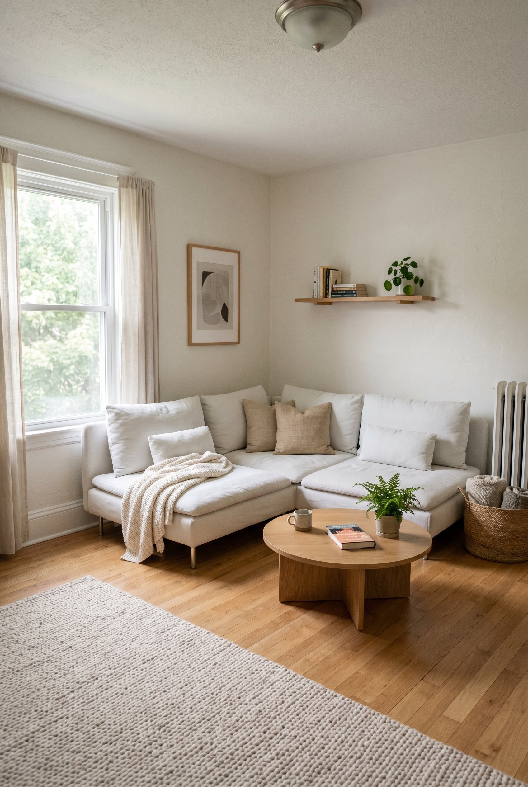 Photorealistic interior photo. Cozy minimalist living room with a white linen L-shaped sectional pushed tightly into the corner walls, maximizing open floor space in the center. Editorial photography 