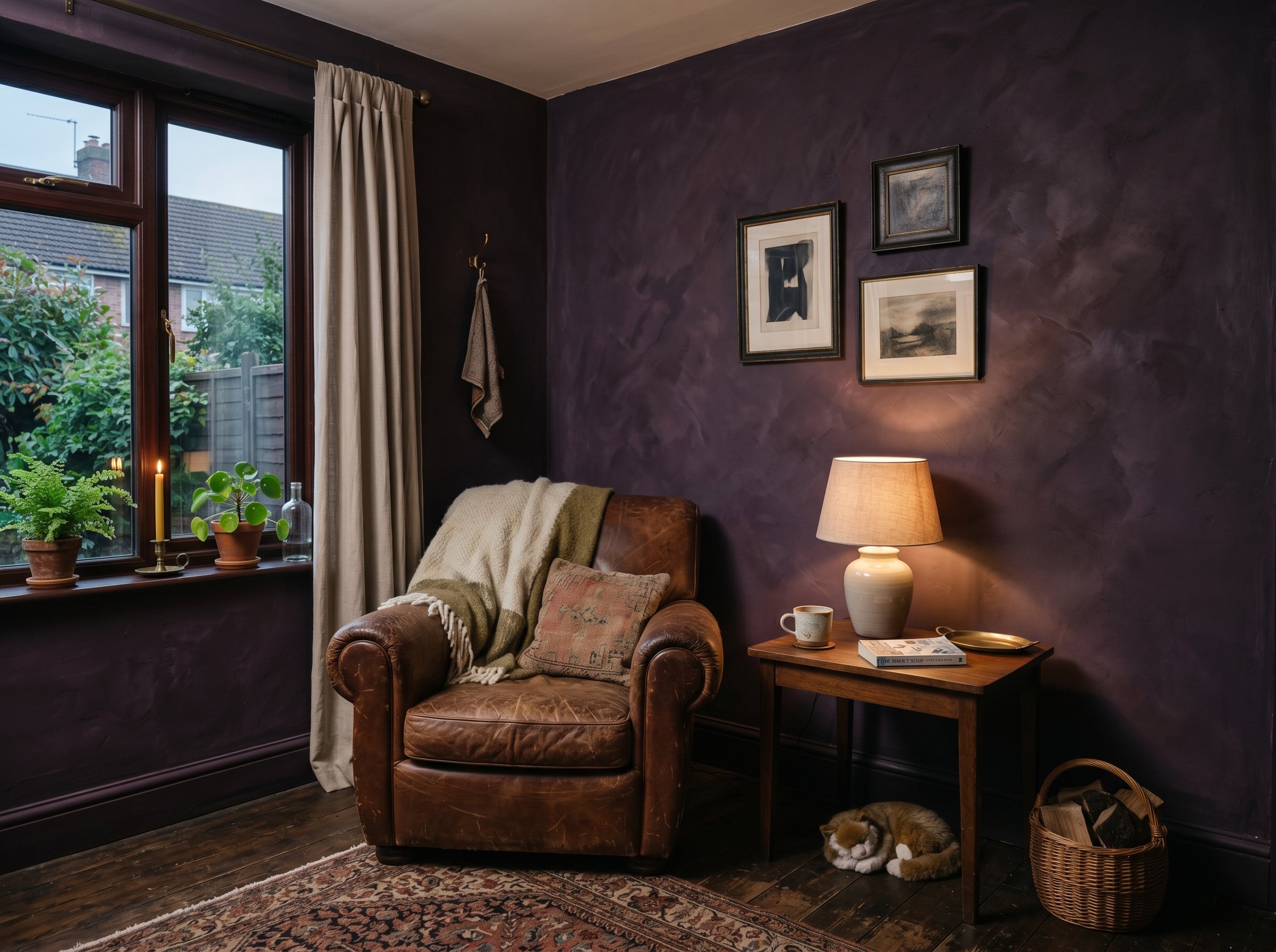 Photorealistic interior photo. Dark bruised plum limewash wall, heavily textured. A vintage worn leather armchair sits in the corner. Low, warm ambient lighting. Editorial photography style, wide angl