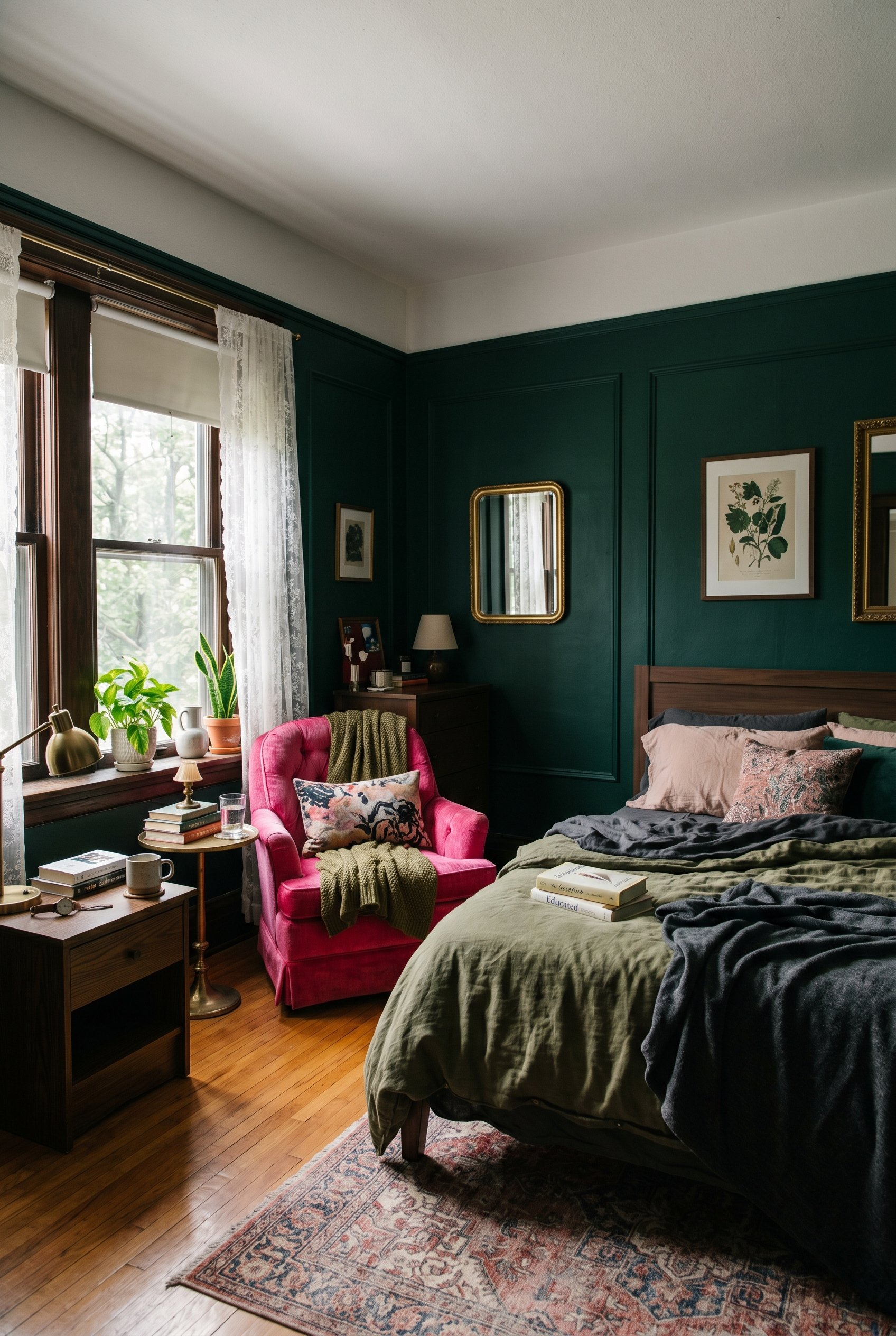Photorealistic interior photo. Dark emerald green bedroom walls with applied picture frame moulding, moody lighting, hot pink velvet accent chair. Editorial photography style, no people visible.