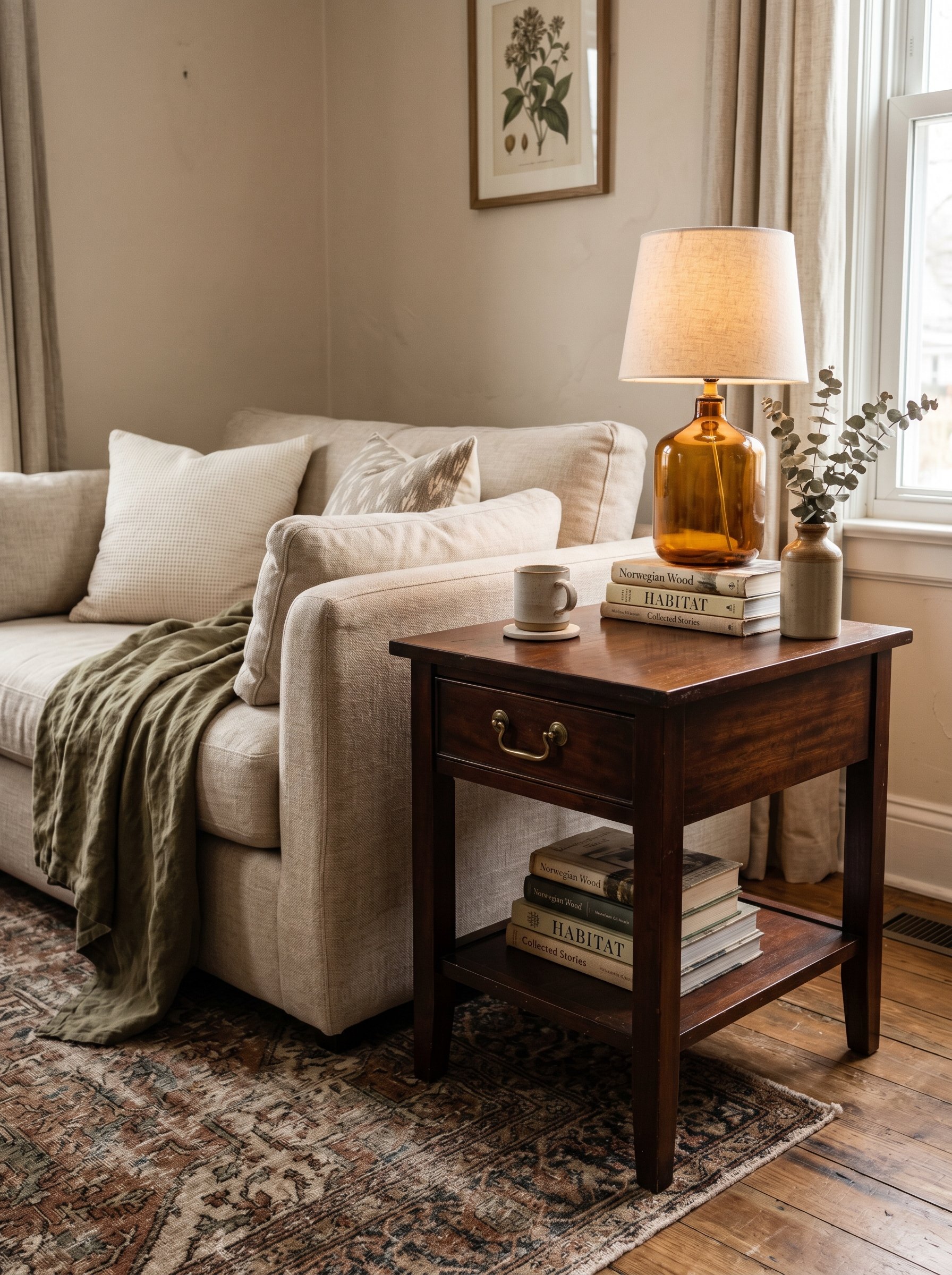 Photorealistic interior photo. Dark mahogany side table featuring heavy unlacquered brass hardware, set against a soft linen sofa. Editorial photography style, no people visible.