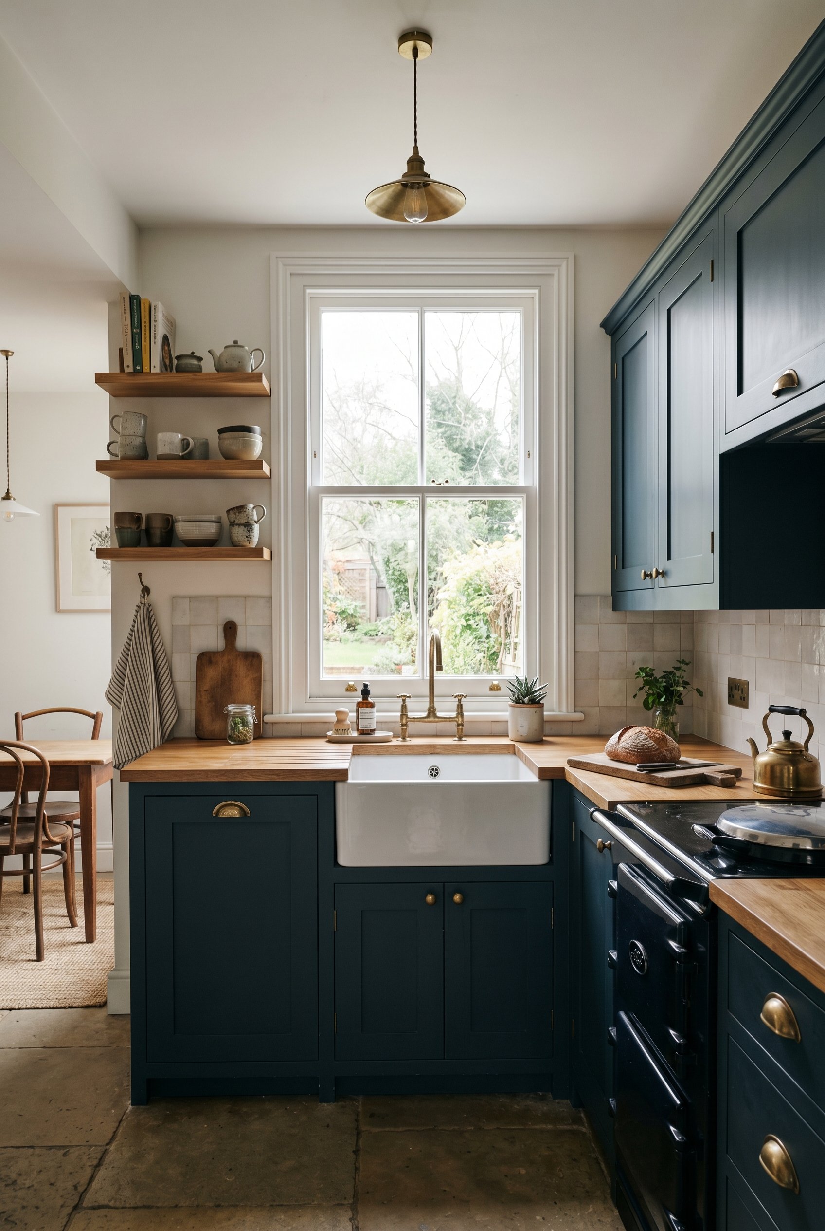 Photorealistic interior photo. Dark moody blue painted kitchen cabinets in Farrow and Ball Hague Blue, unlacquered brass hardware, natural light. Editorial photography style, no people visible.
