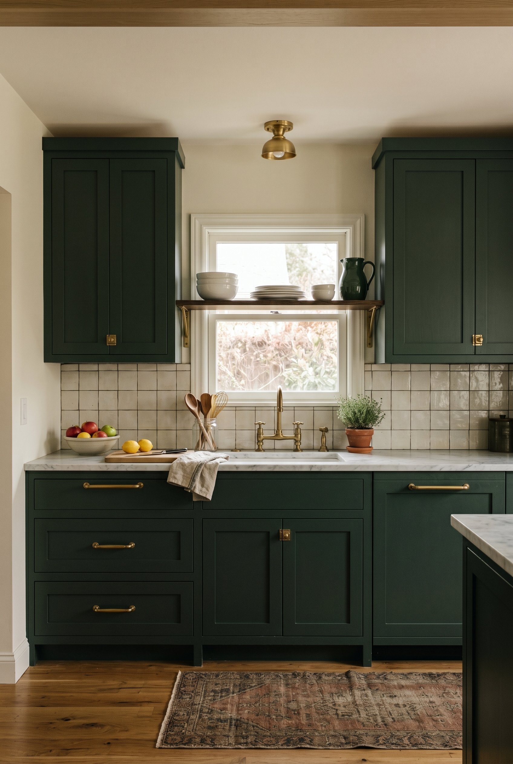 Photorealistic interior photo. Dark moody green painted kitchen cabinets with solid brass hardware, subtle natural light, straight-on camera angle. Editorial photography style, no people visible.