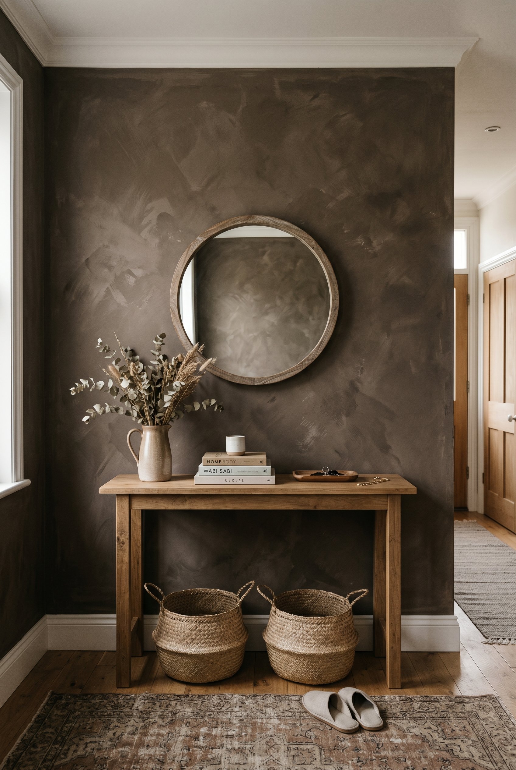 Photorealistic interior photo. Dark muddy brown limewash walls with chalky textured movement, minimalist wood console table, soft diffused lighting, straight-on camera angle. Editorial photography sty