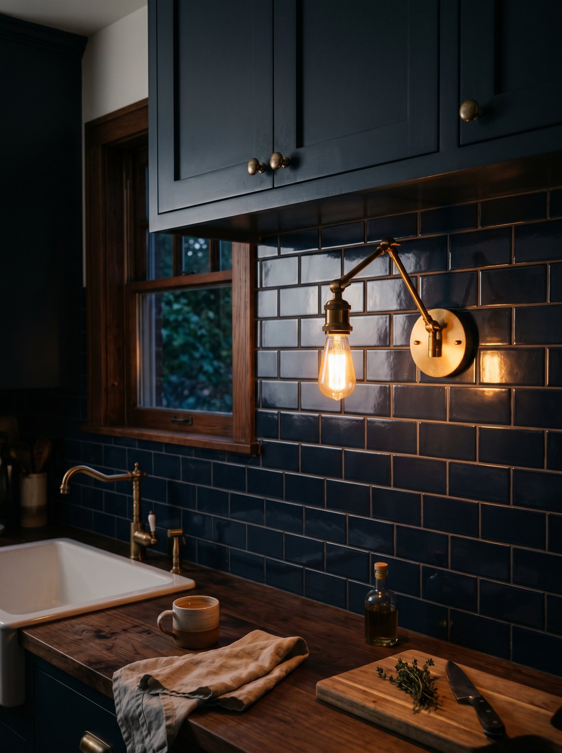 Photorealistic interior photo. Dark navy blue glossy subway tile backsplash illuminated by a warm, glowing brass wall sconce, deep shadows, moody evening lighting. Editorial photography style, no peop